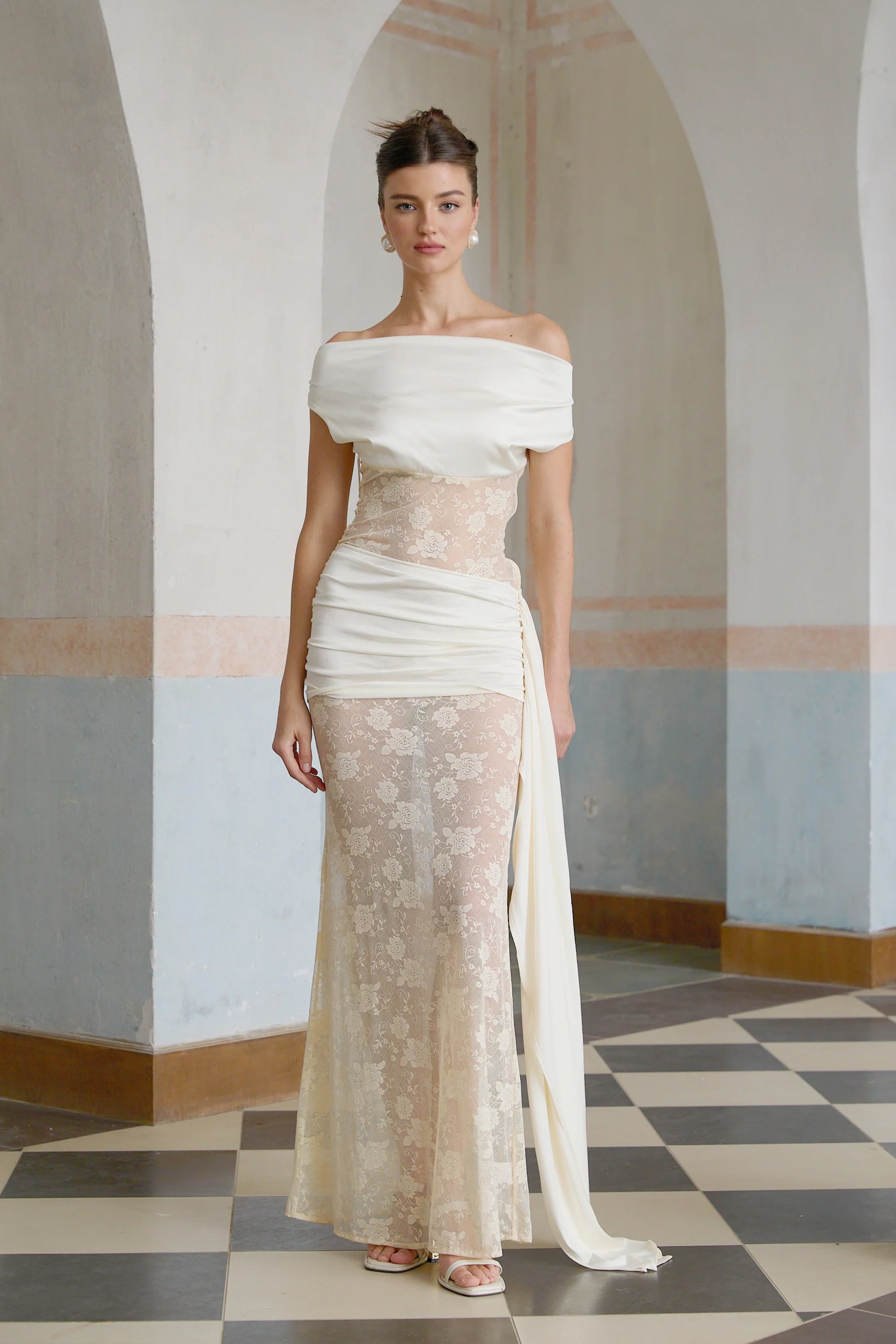 Lilou neutrals ribbon panelled floral-lace maxi dress (Final Sale)