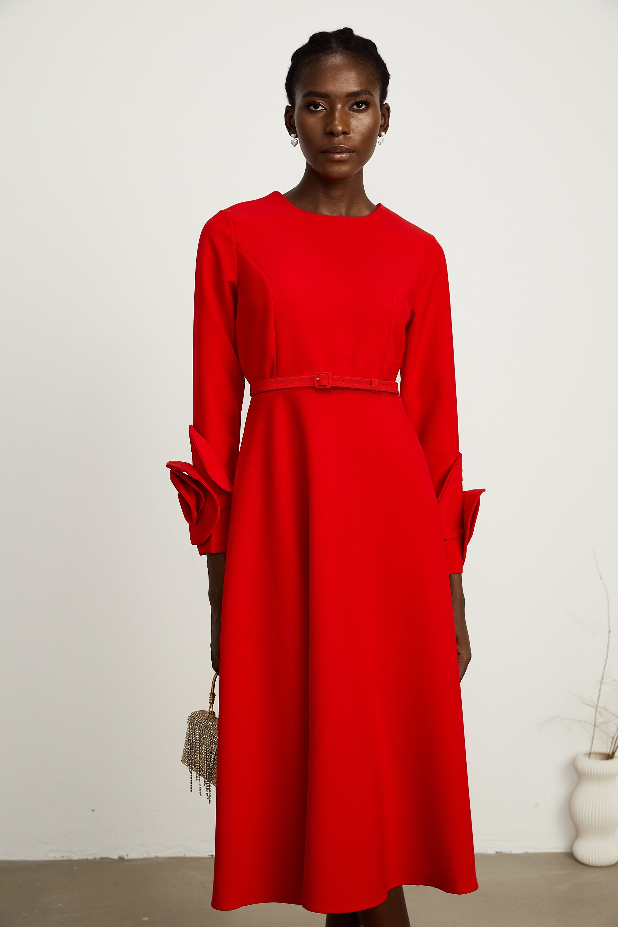 Aurelia red long-sleeve dress with floral embellishments (Final Sale)