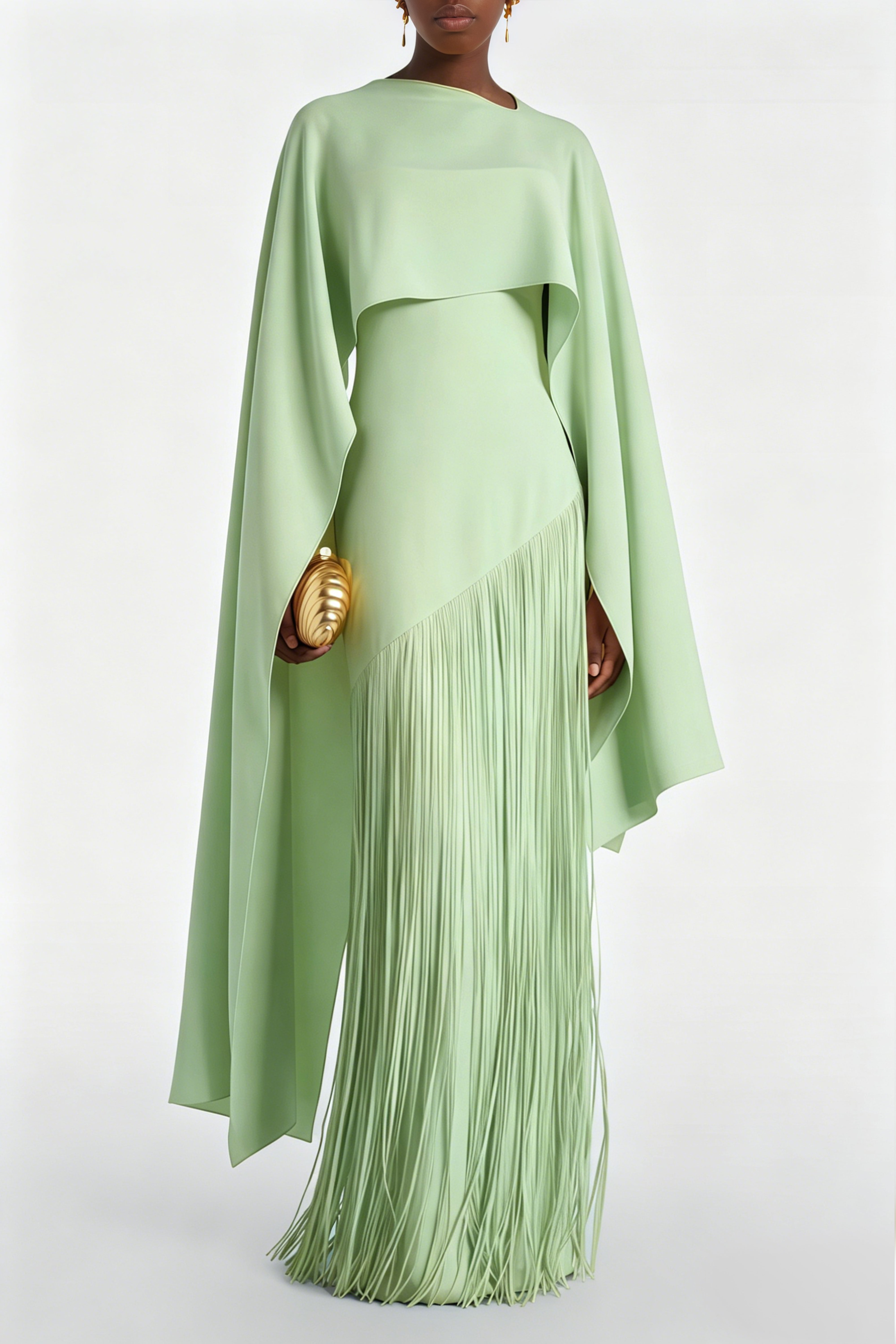 Mint Green Cape Maxi Dress with Long Fringe Skirt and Asymmetrical Hem
