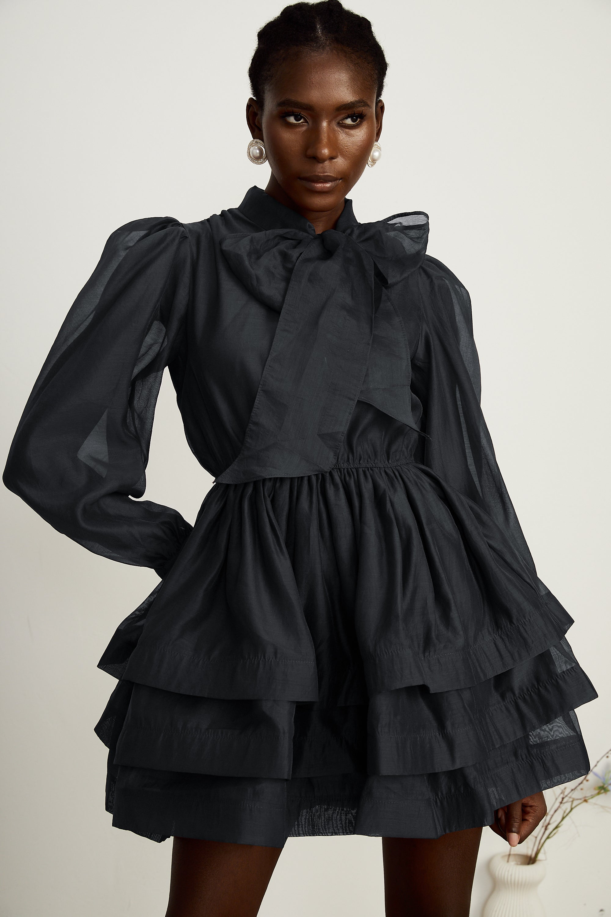 Élodie tiered flared mini dress in Black (Final Sale)