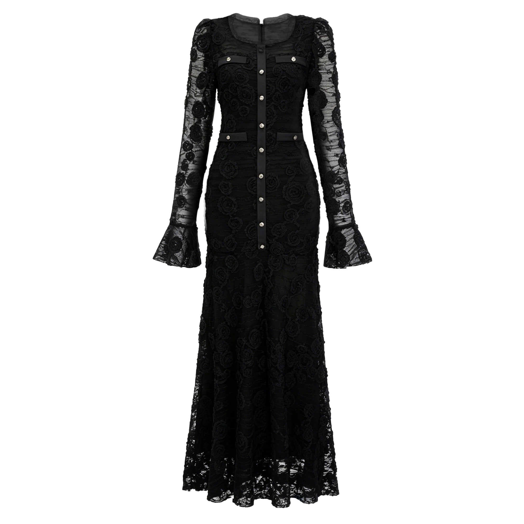 Branwen Black 3D-Floral Embroidered Lace Maxi Dress (Final Sale)