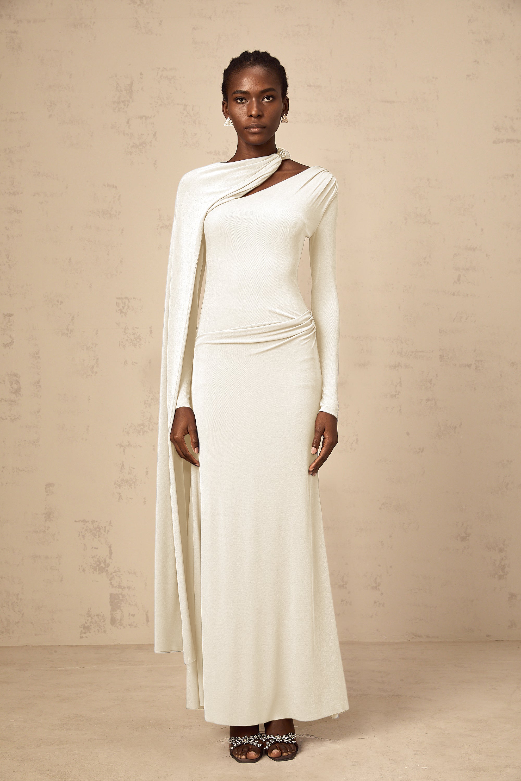 Josette White Diagonal Shawl Fitted Maxi Dress (Final Sale-US Only)
