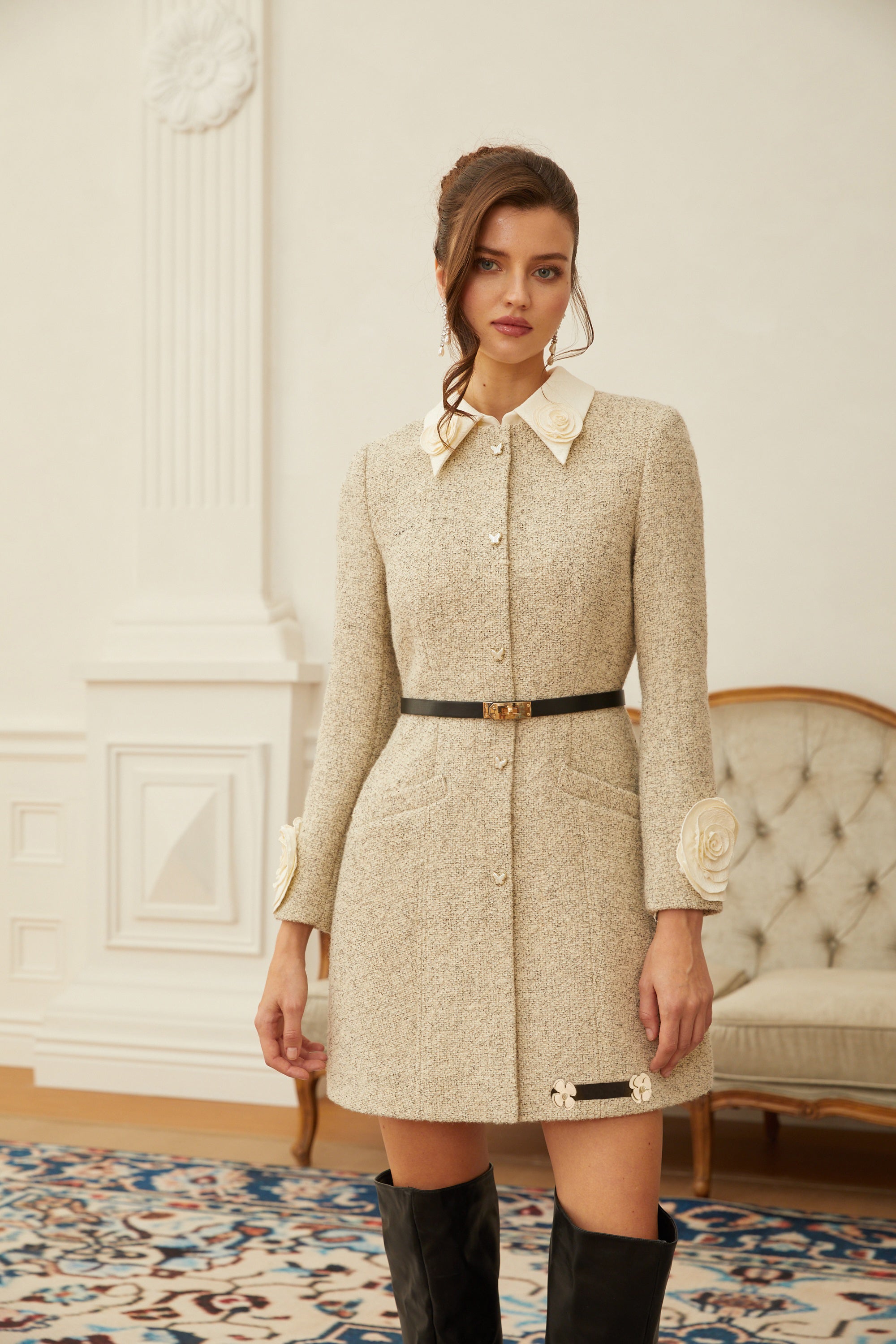 Élodie Neutral 3D Petal Tweed Mini Dress (Final Sale)