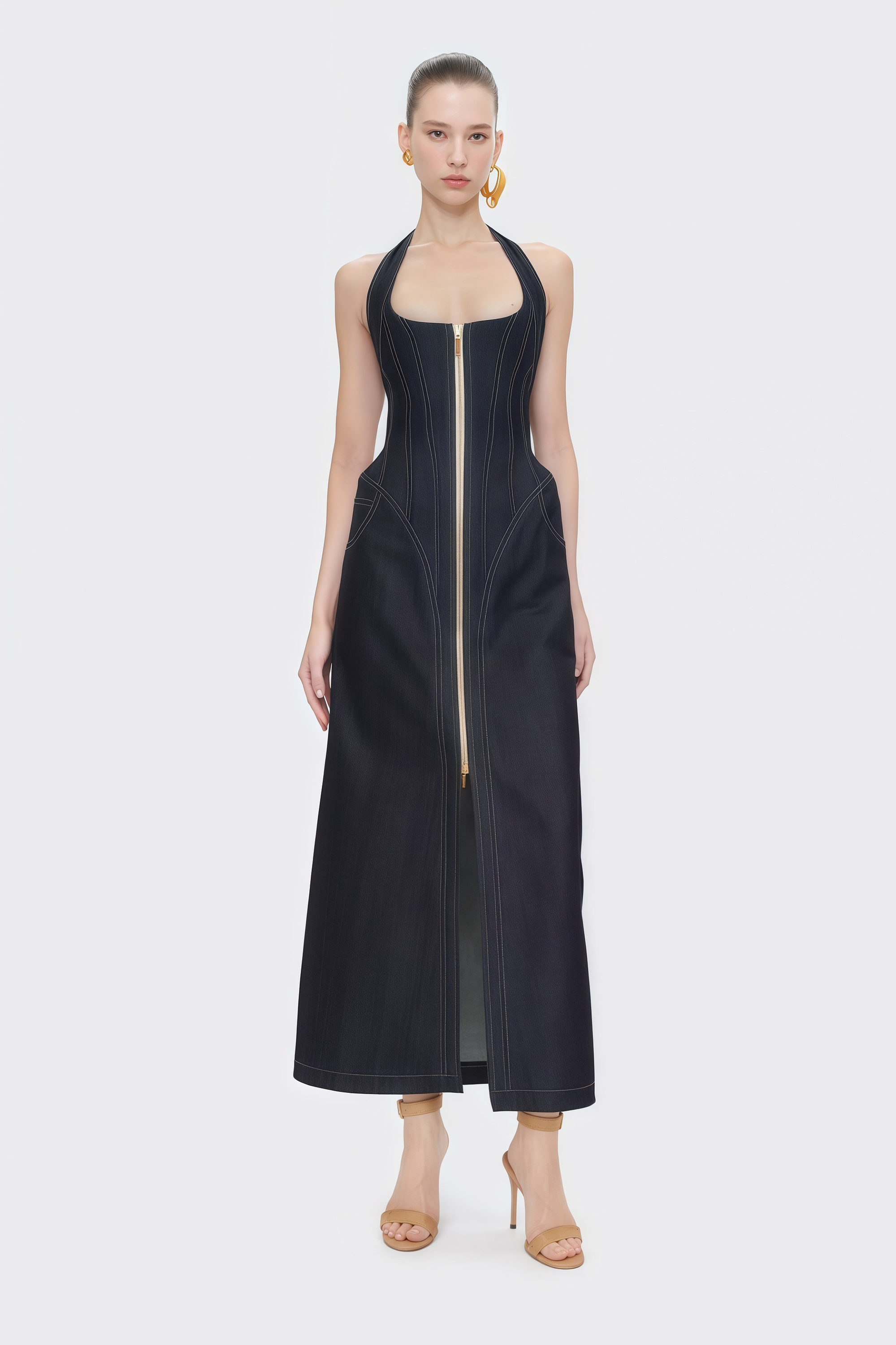 Adrienne black denim front-slit contrast-stitching maxi dress (Final Sale-US Only)