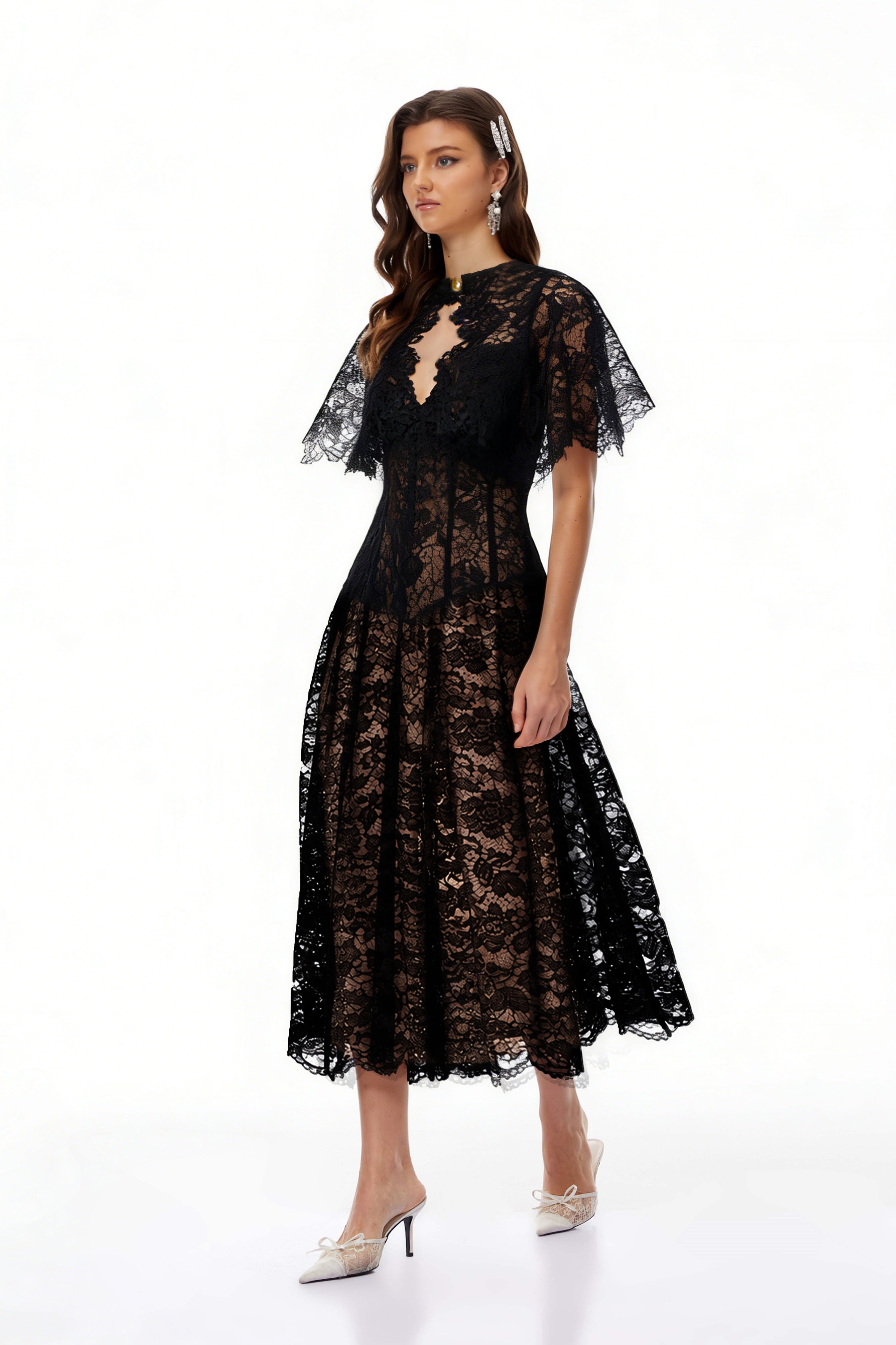 Black lace midi dress with a keyhole neckline and a flared skirt over a nude lining