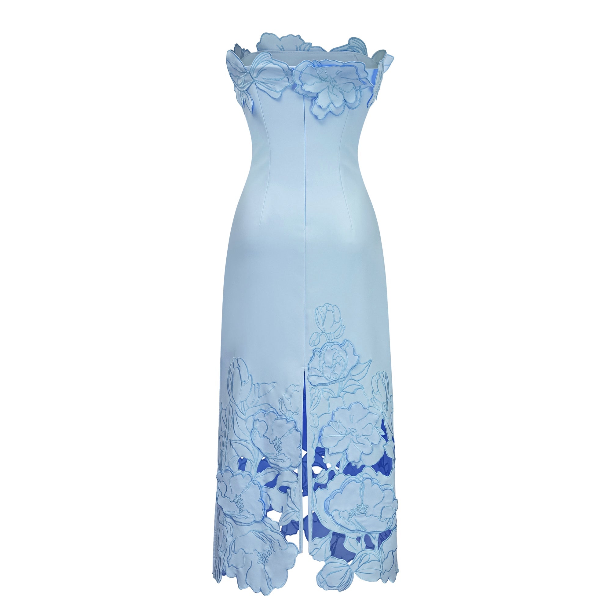 Light blue strapless gown with 3D floral appliqués and a cutout floral hem
