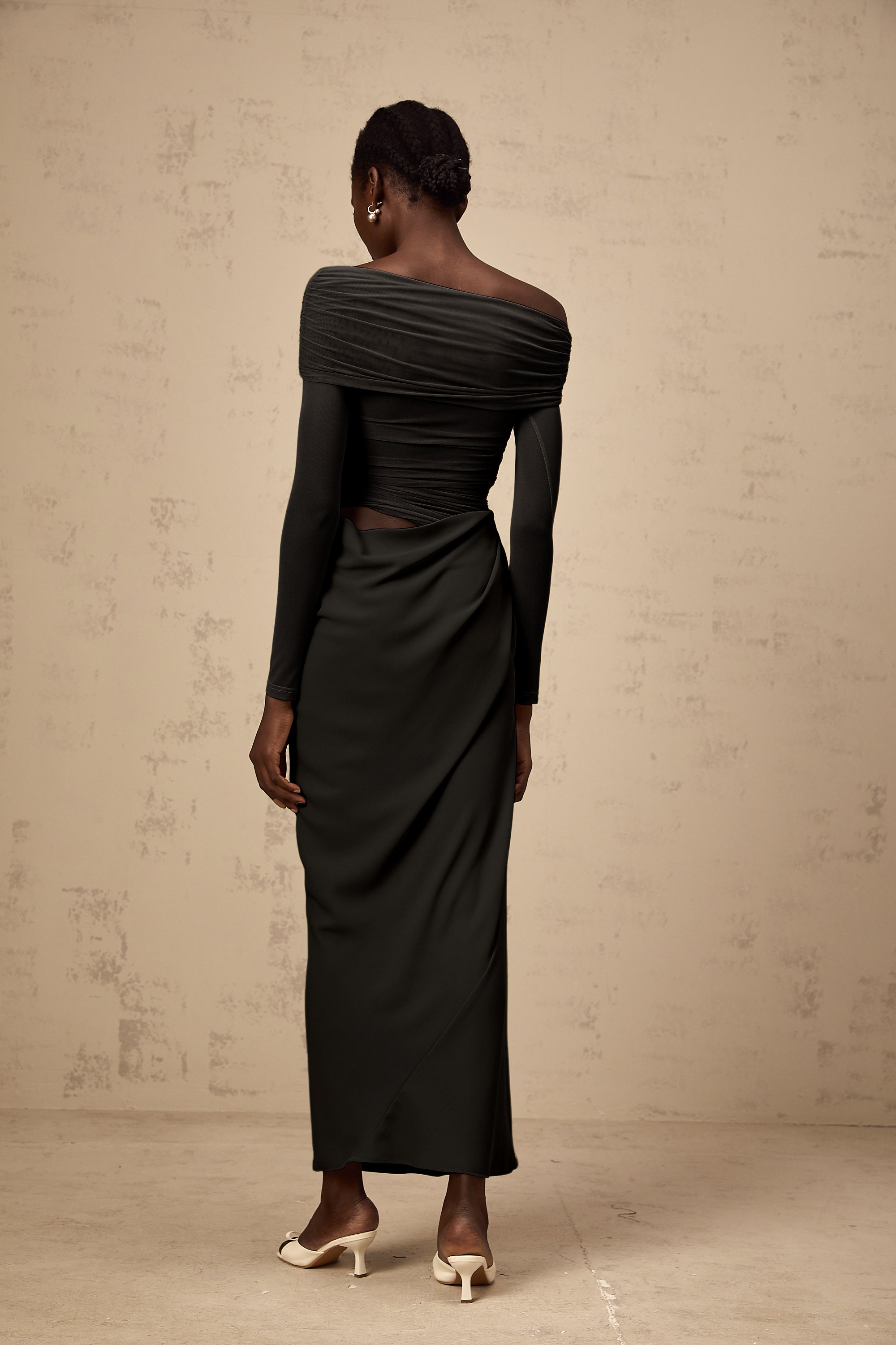 Estelle off-shoulder semi-sheer midi dress in Black