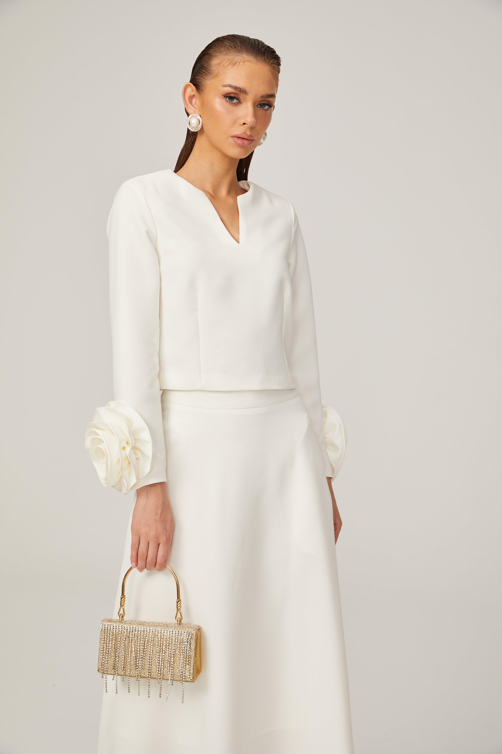 Hilaire white 3d-petal top & skirt matching set (Final Sale-US Only)