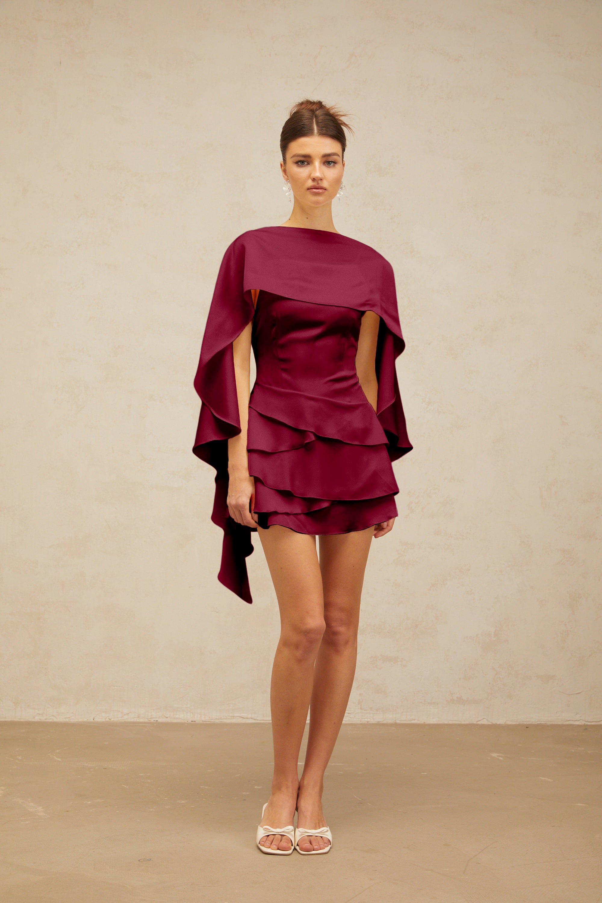 Lyna shawl-panel ruffled satin mini dress in Red