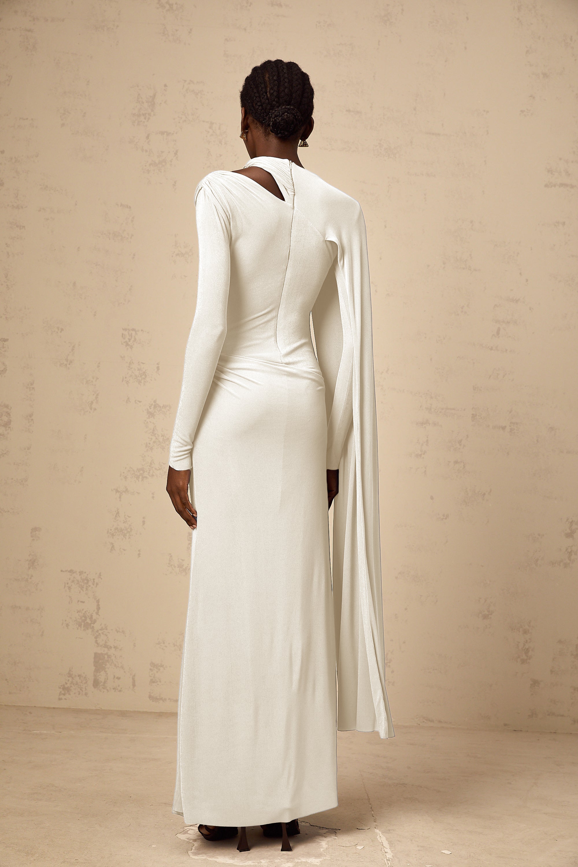 Josette White Diagonal Shawl Fitted Maxi Dress (Final Sale)
