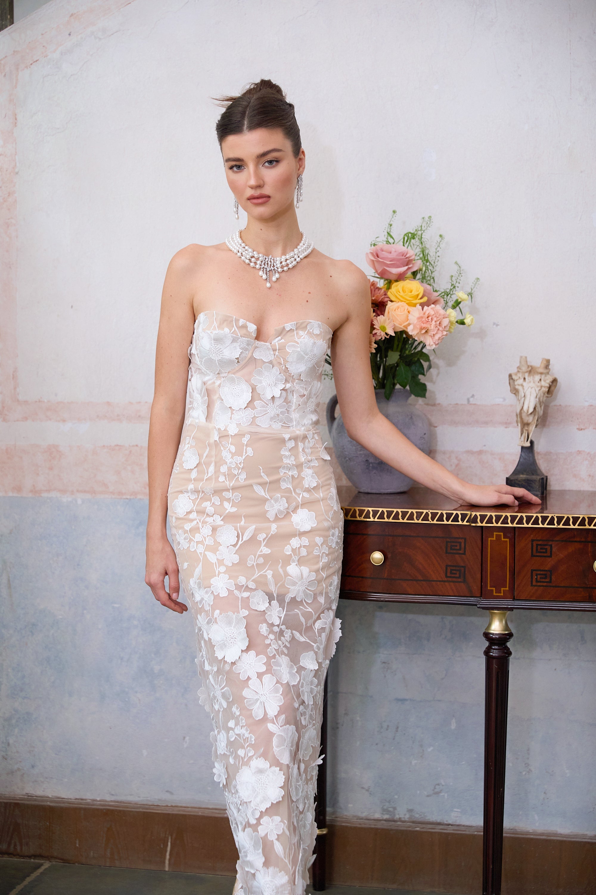 Strapless sheer gown with white 3D floral appliques