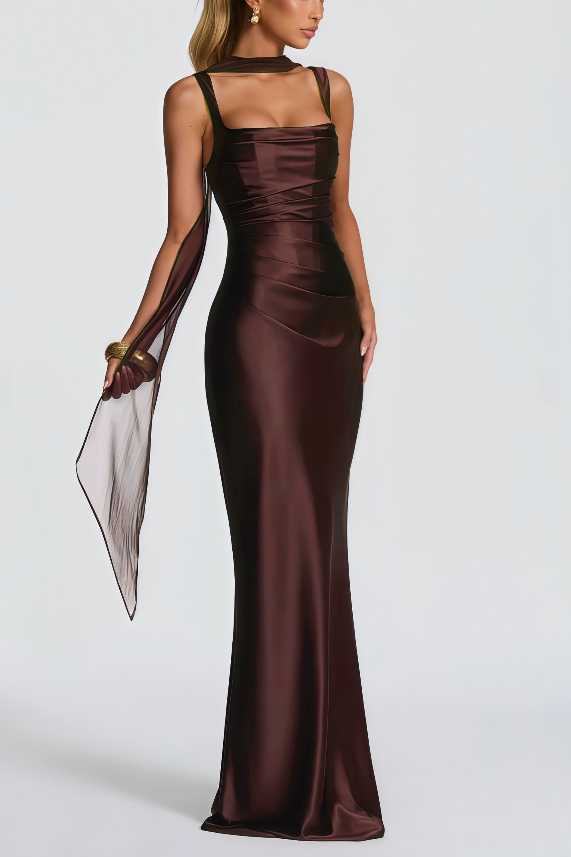 Inmaculada Brown Ruched Satin Maxi Dress (Without Gloves) (Final Sale-US Only)