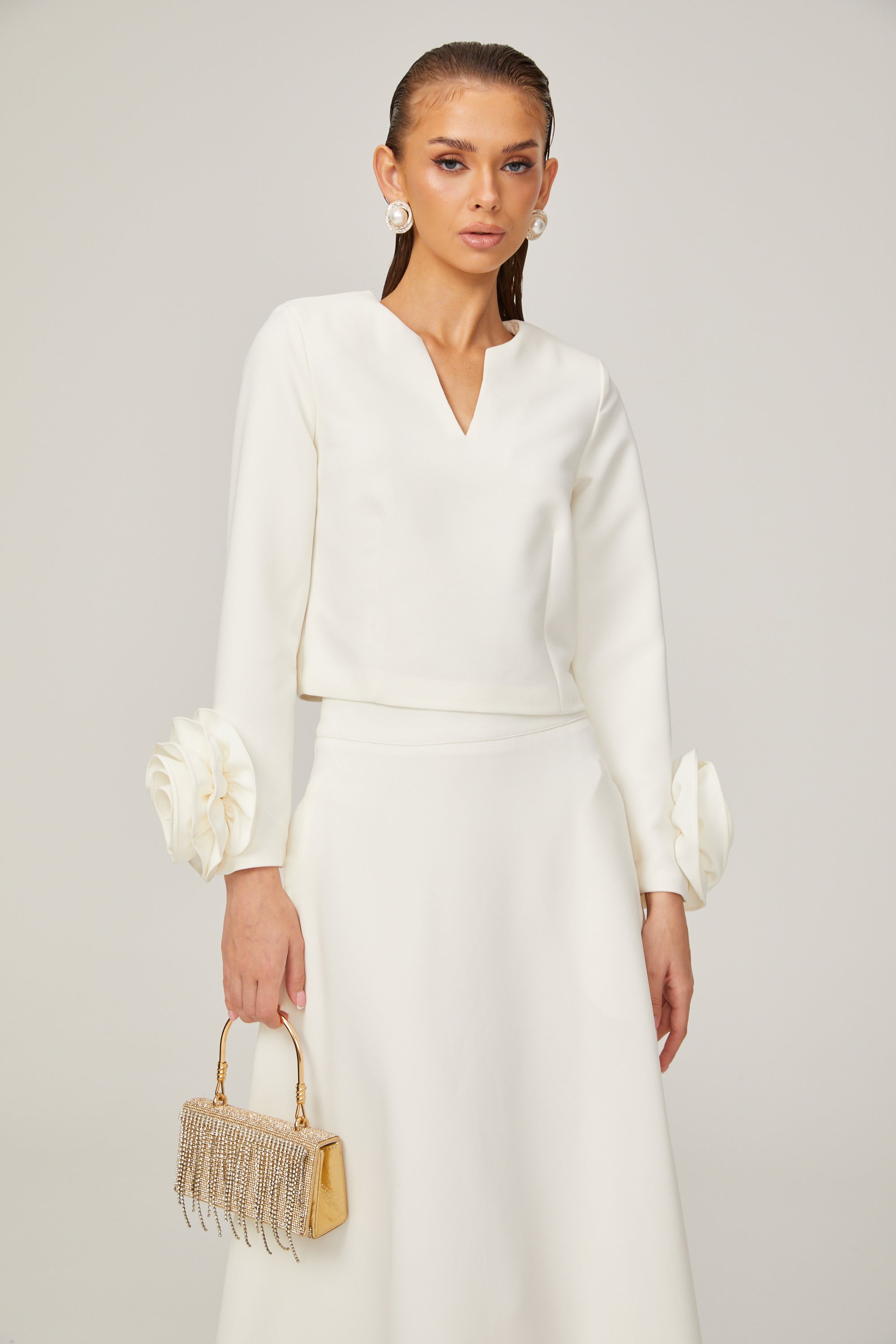 Hilaire white 3d-petal top & skirt matching set (Final Sale-US Only)