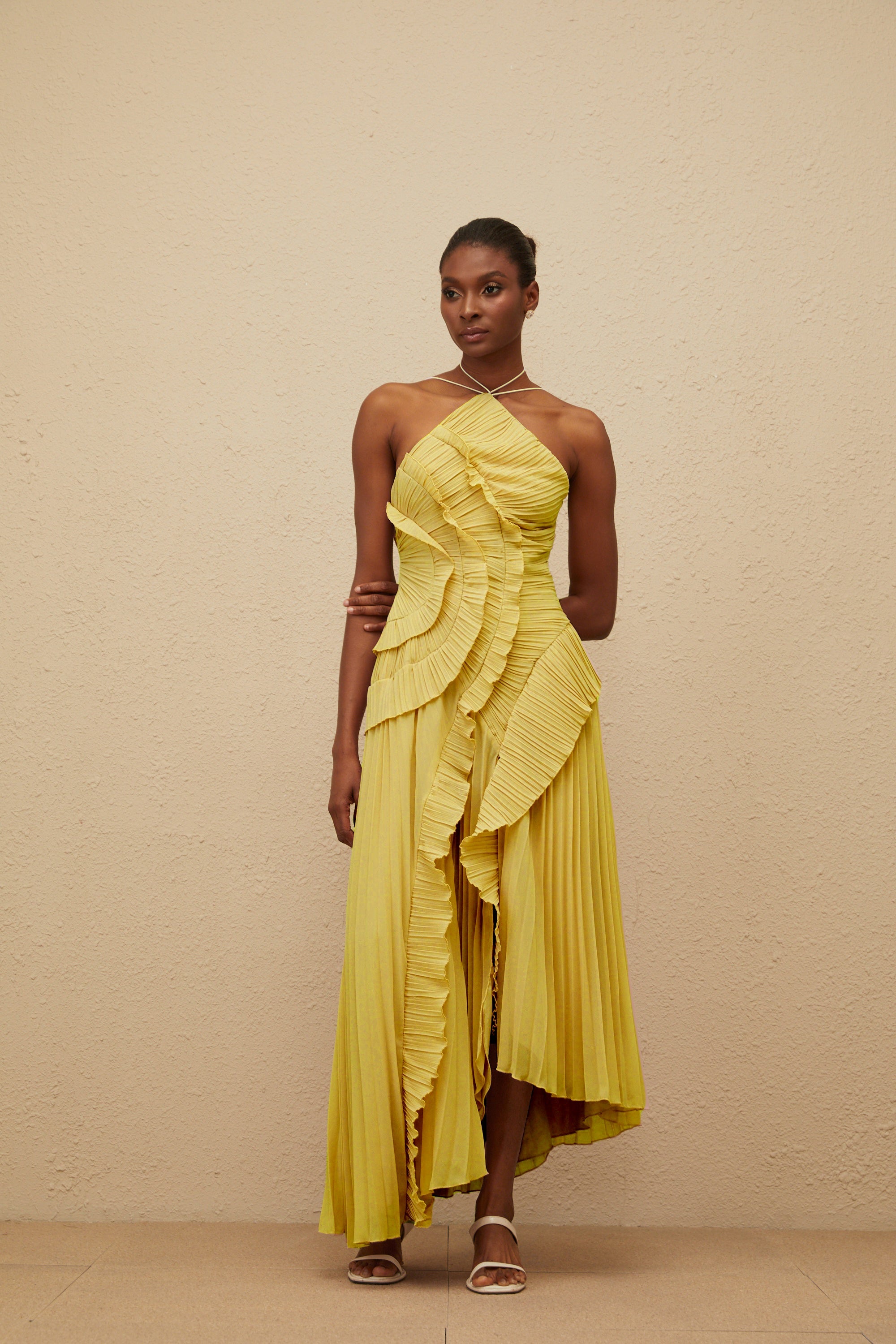 Doux Yellow Ruffled Trim Pleated Midi Dress (Final Sale)