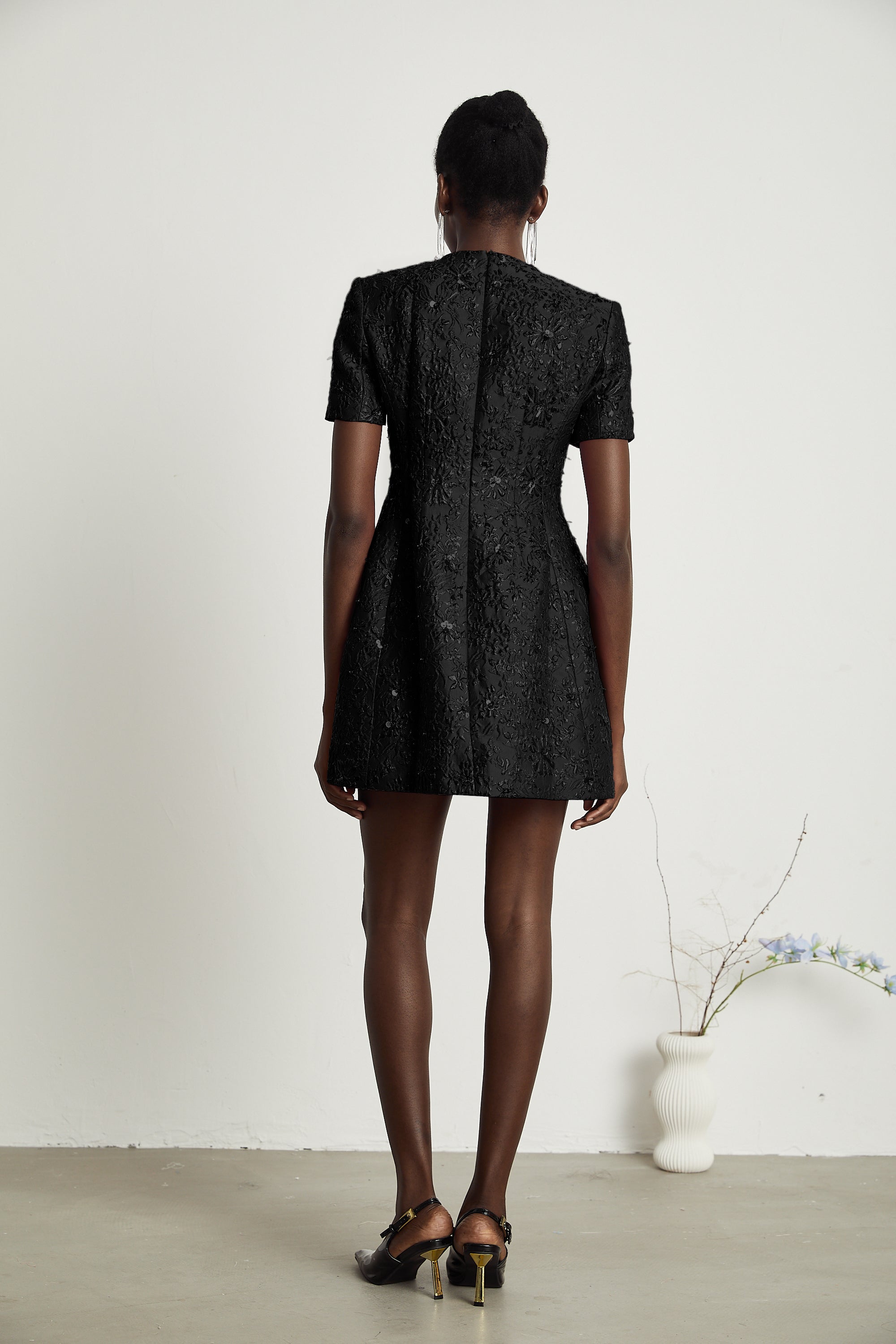 Celestia Floral-Appliqué Embellished Mini Dress in Black (Final Sale-US Only)