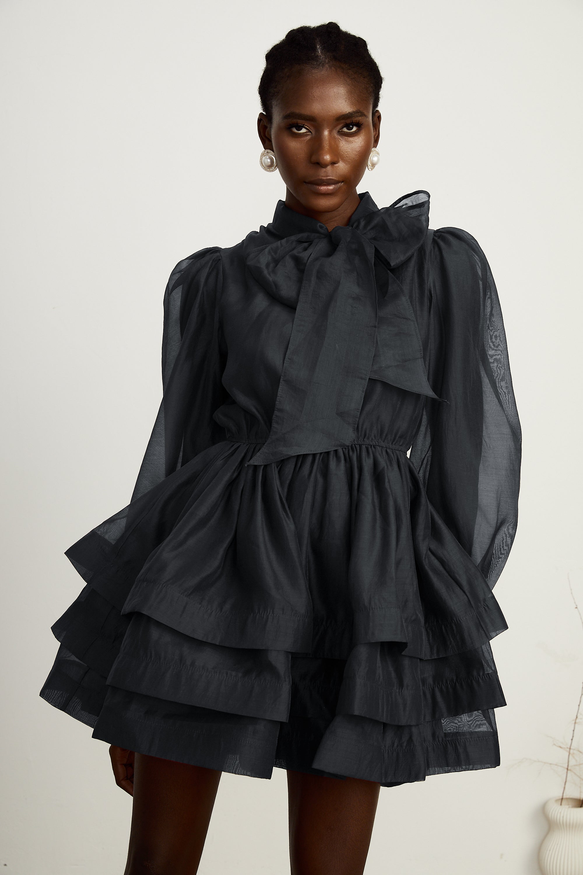 Élodie tiered flared mini dress in Black (Final Sale)