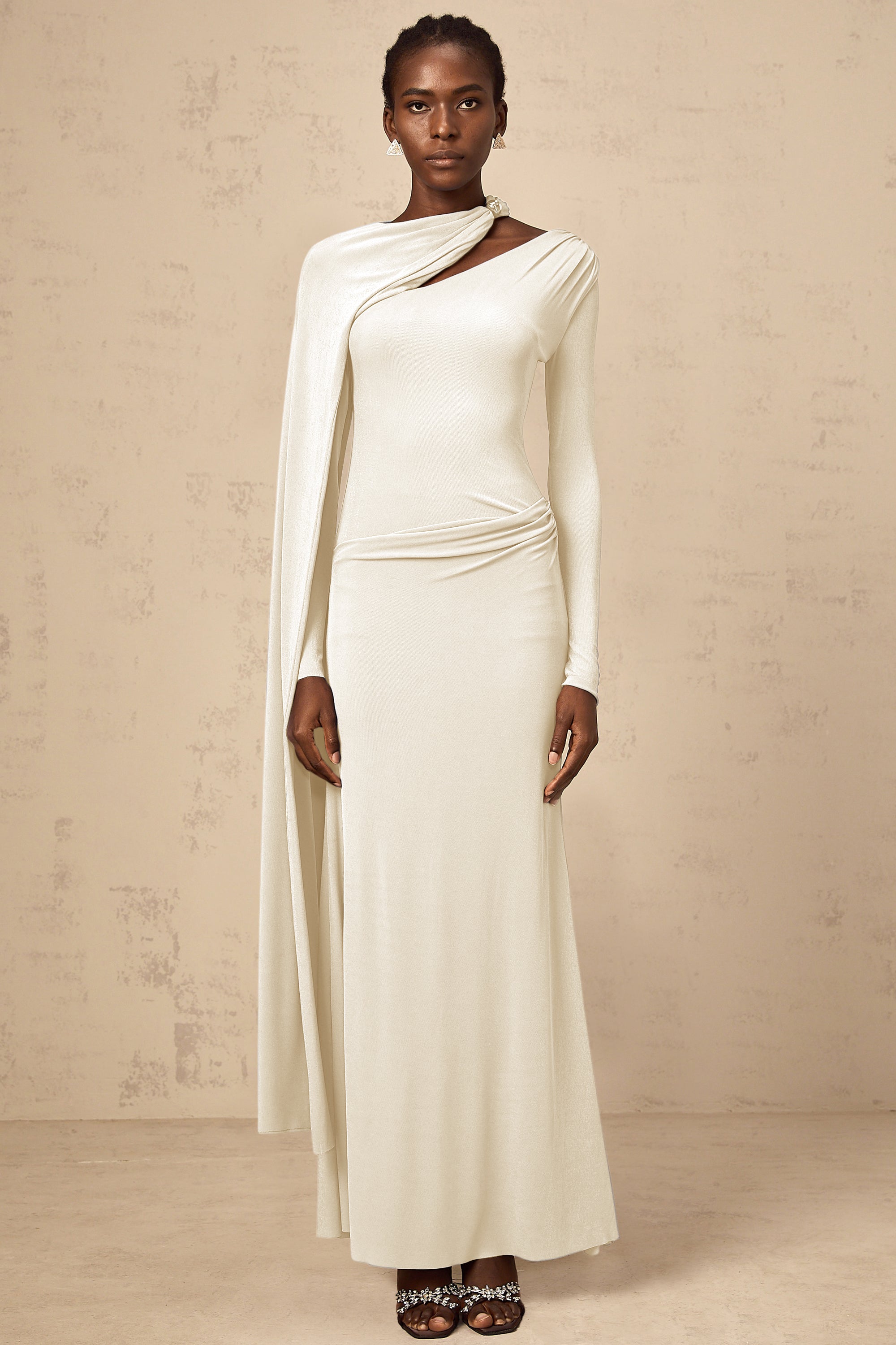 Josette White Diagonal Shawl Fitted Maxi Dress (Final Sale)
