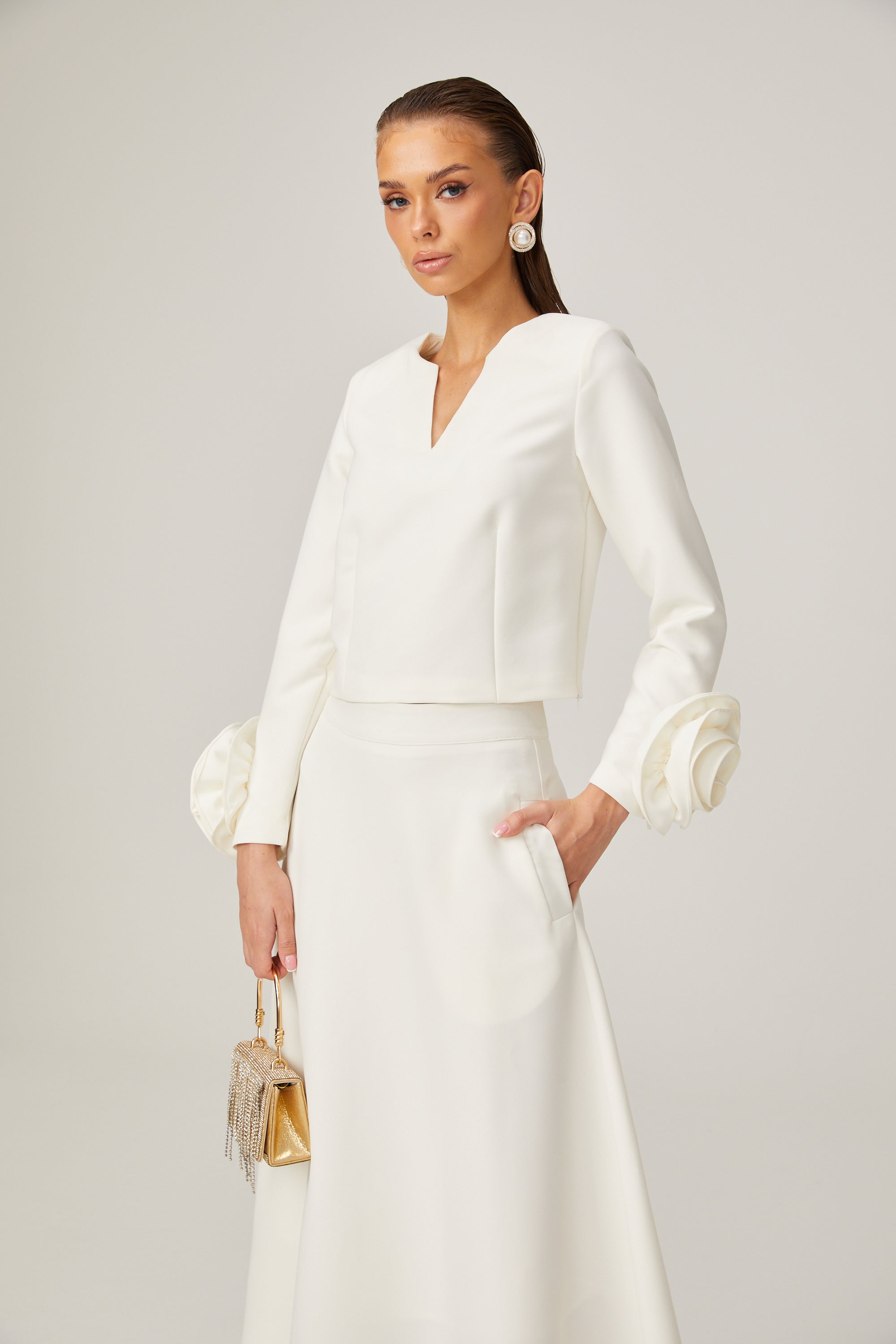 Hilaire white 3d-petal top & skirt matching set (Final Sale-US Only)
