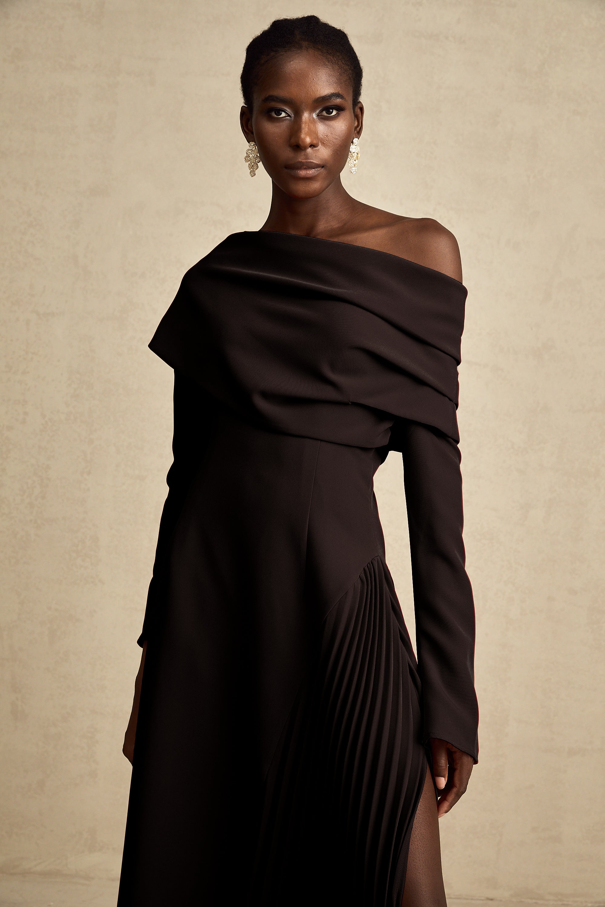 Valentine high-slit pleated maxi dress in Black (Final Sale-US Only)