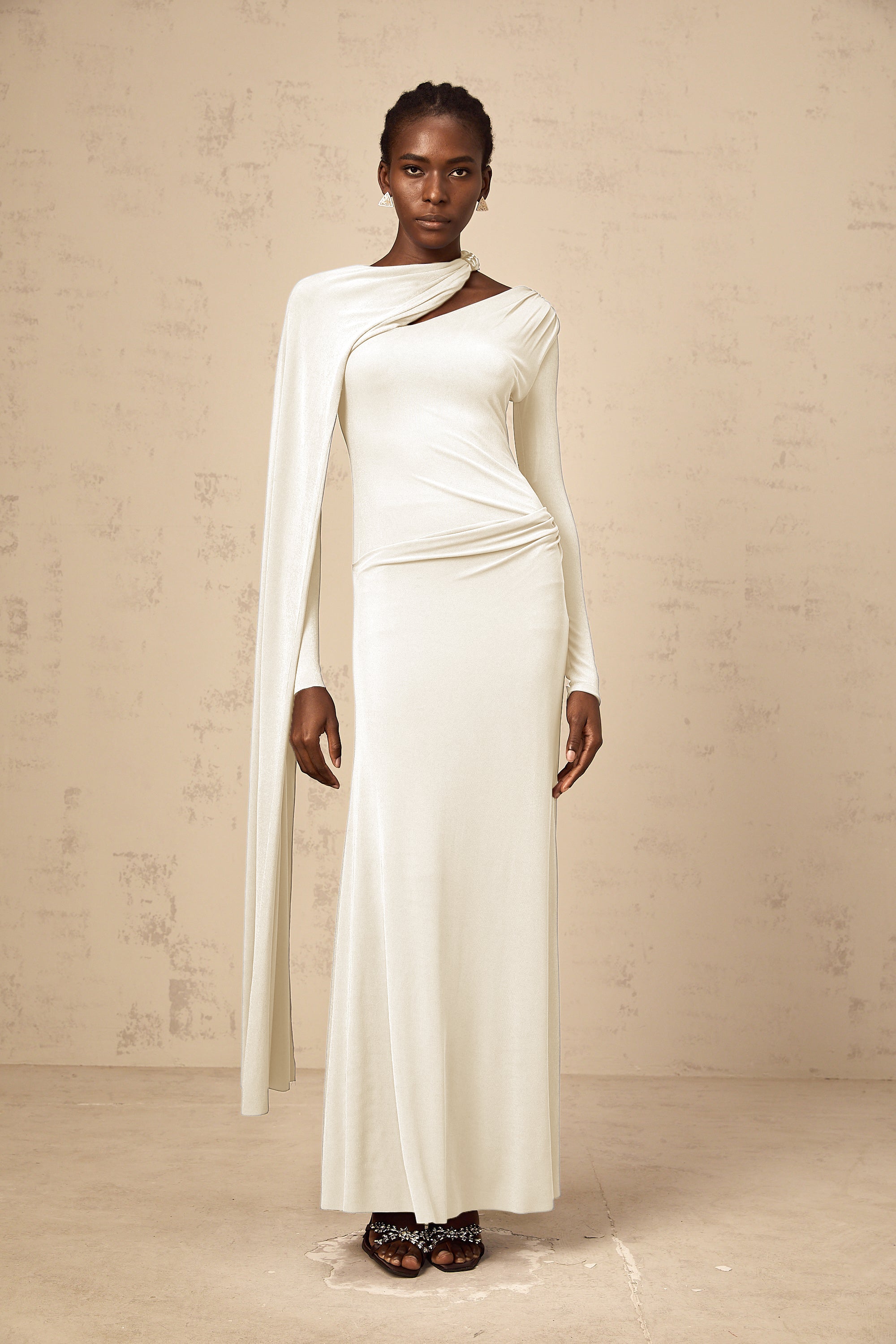 Josette White Diagonal Shawl Fitted Maxi Dress (Final Sale-US Only)