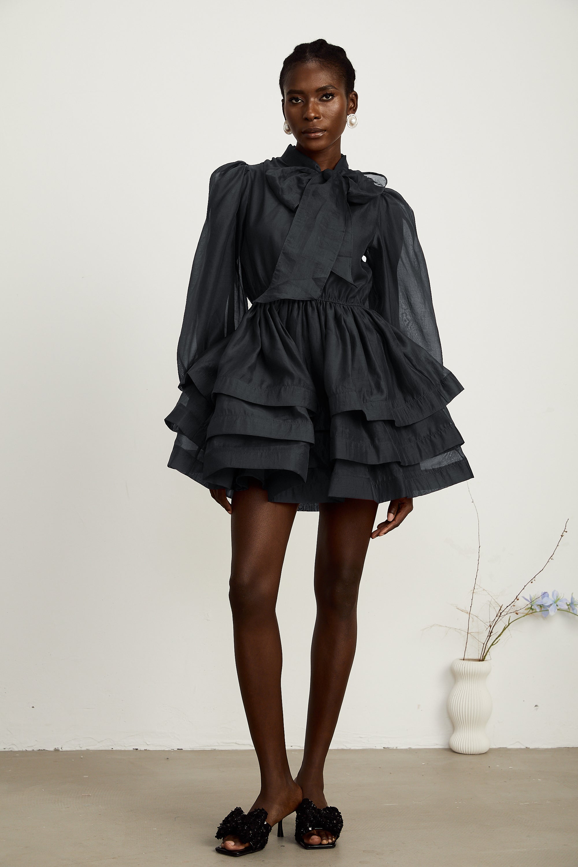 Élodie tiered flared mini dress in Black (Final Sale)