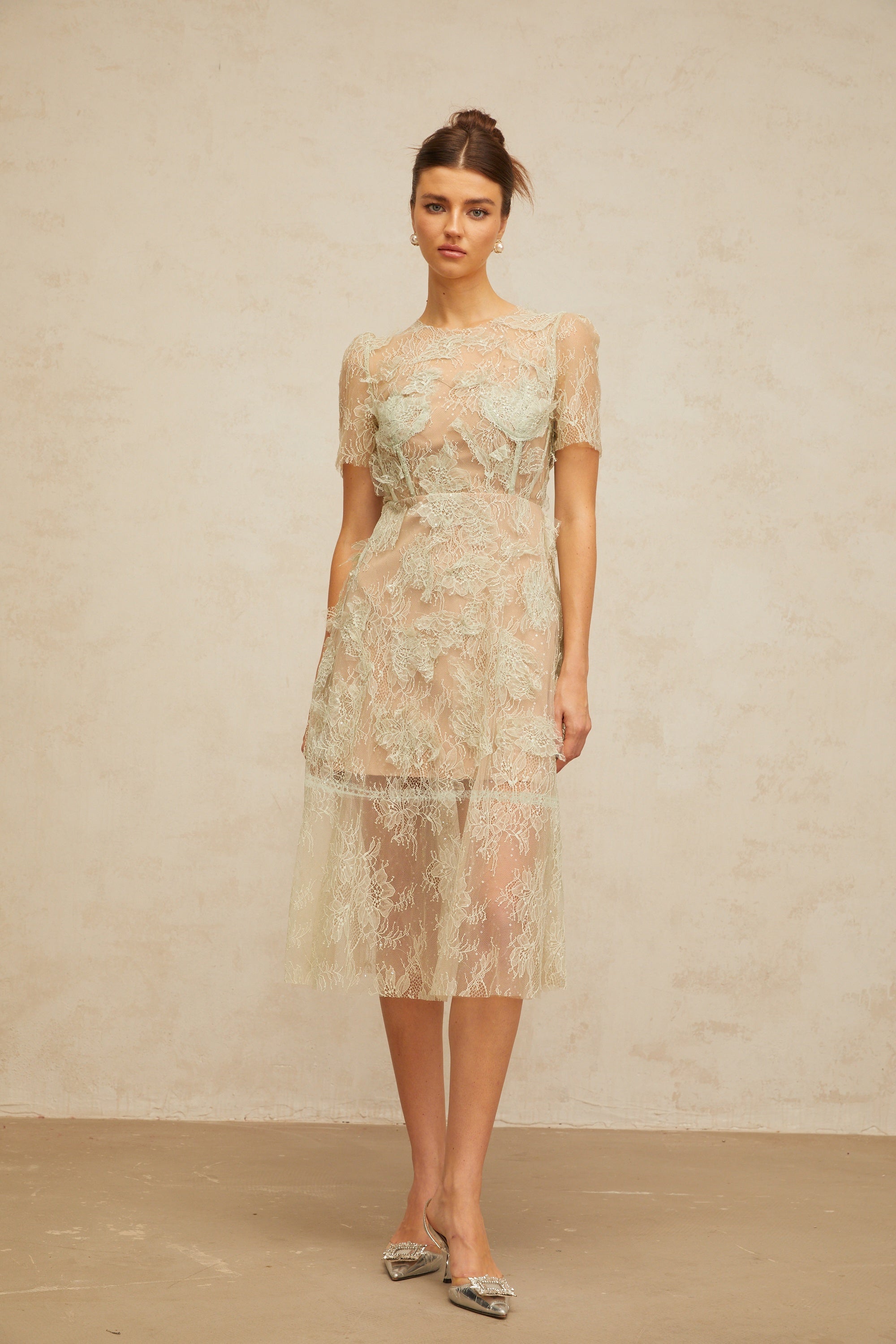 Xaviera mint-green floral-lace midi dress (Final Sale-US Only)