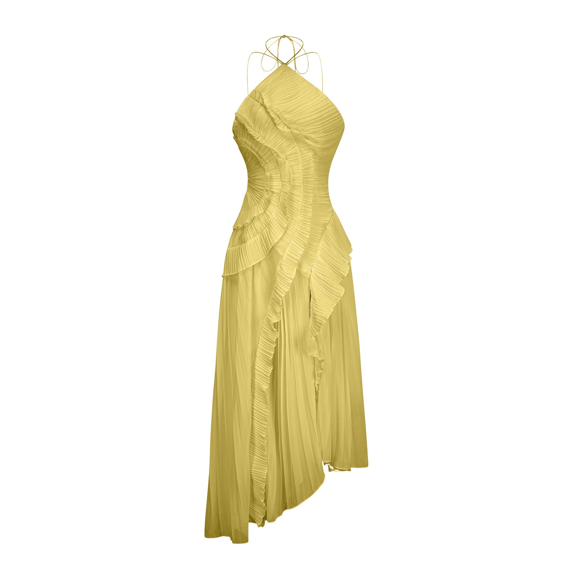 Doux Yellow Ruffled Trim Pleated Midi Dress (Final Sale)