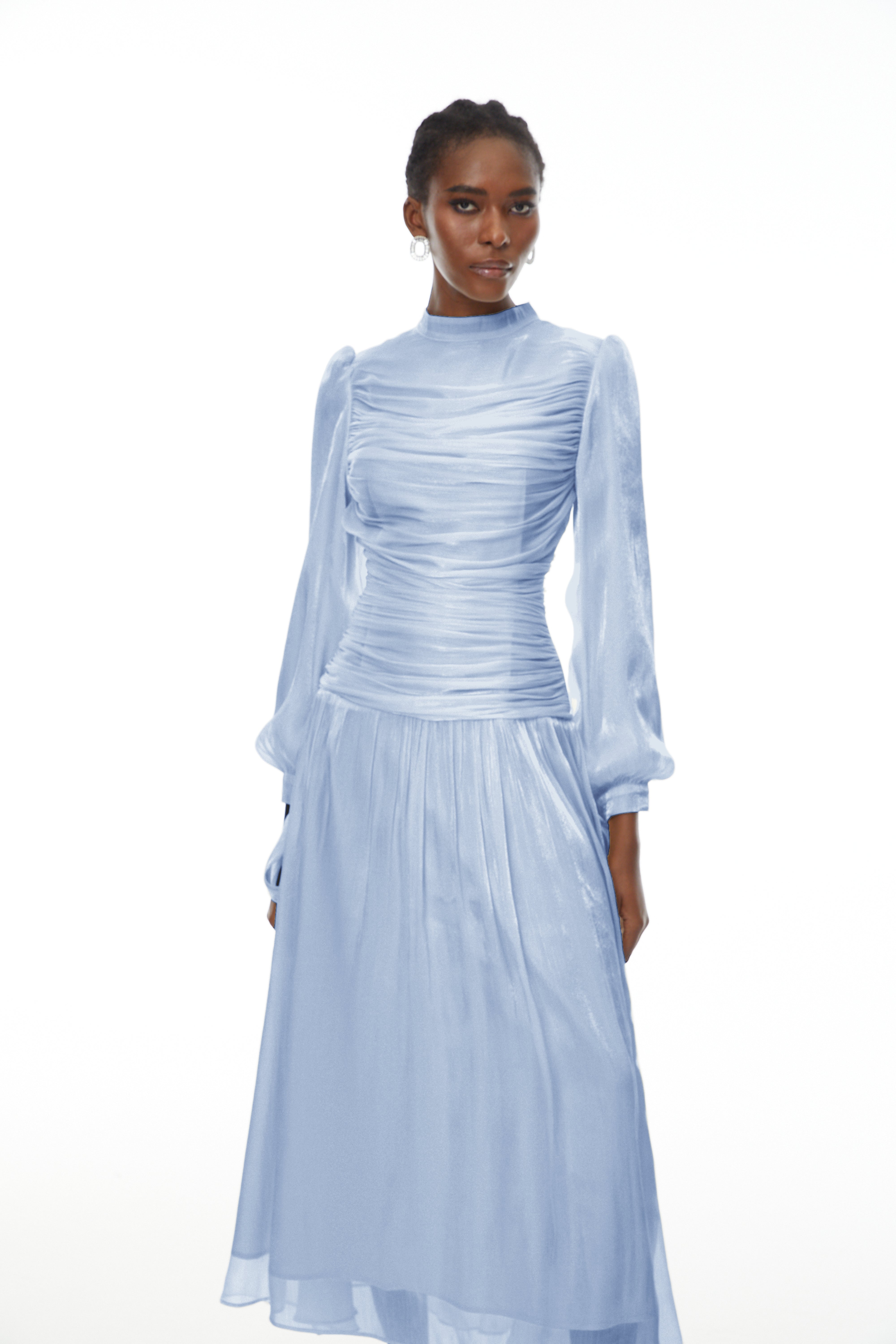 Katrín Blue Glossy Gathered Maxi Dress (Final Sale-US Only)