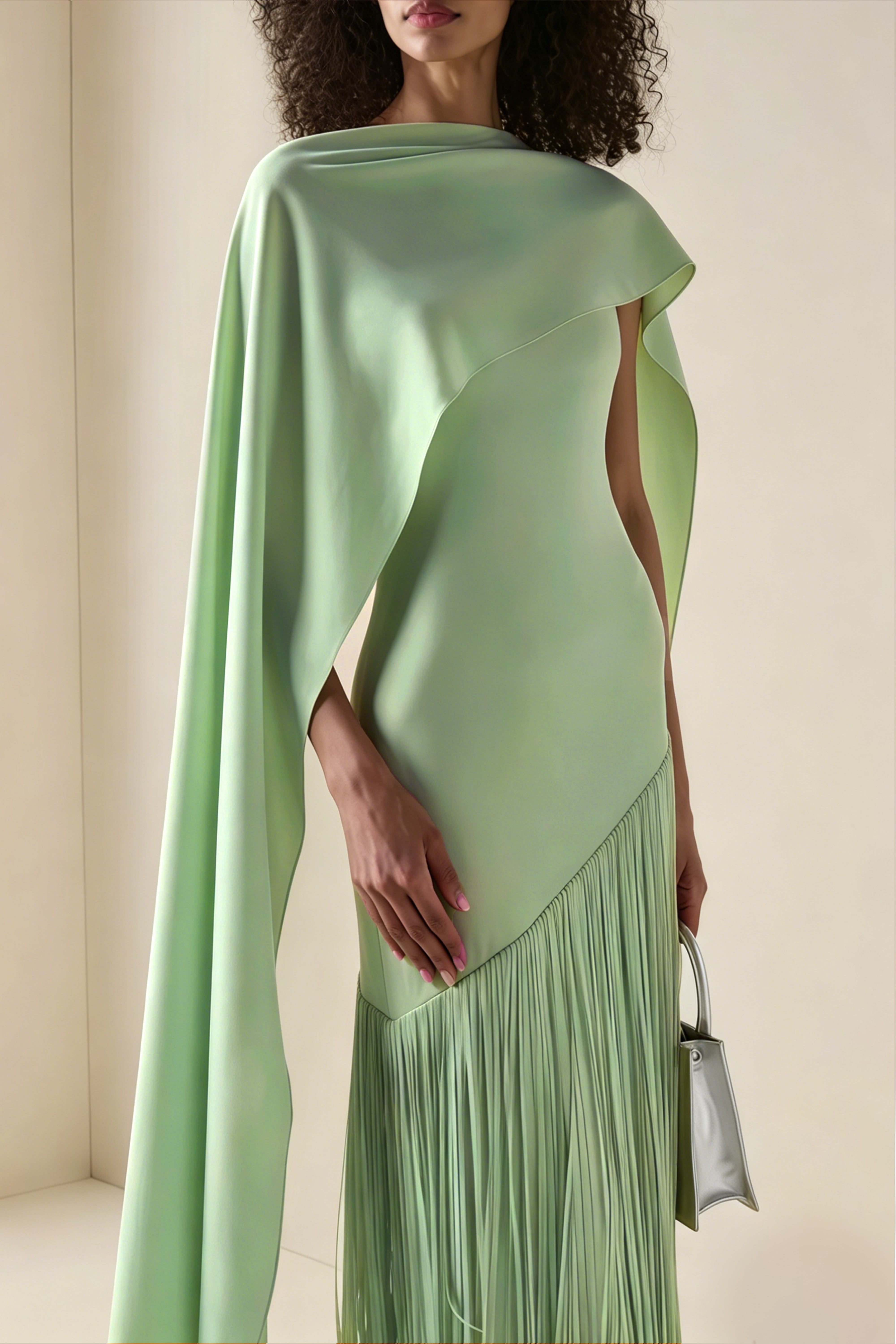Mint Green Cape Maxi Dress with Long Fringe Skirt and Asymmetrical Hem