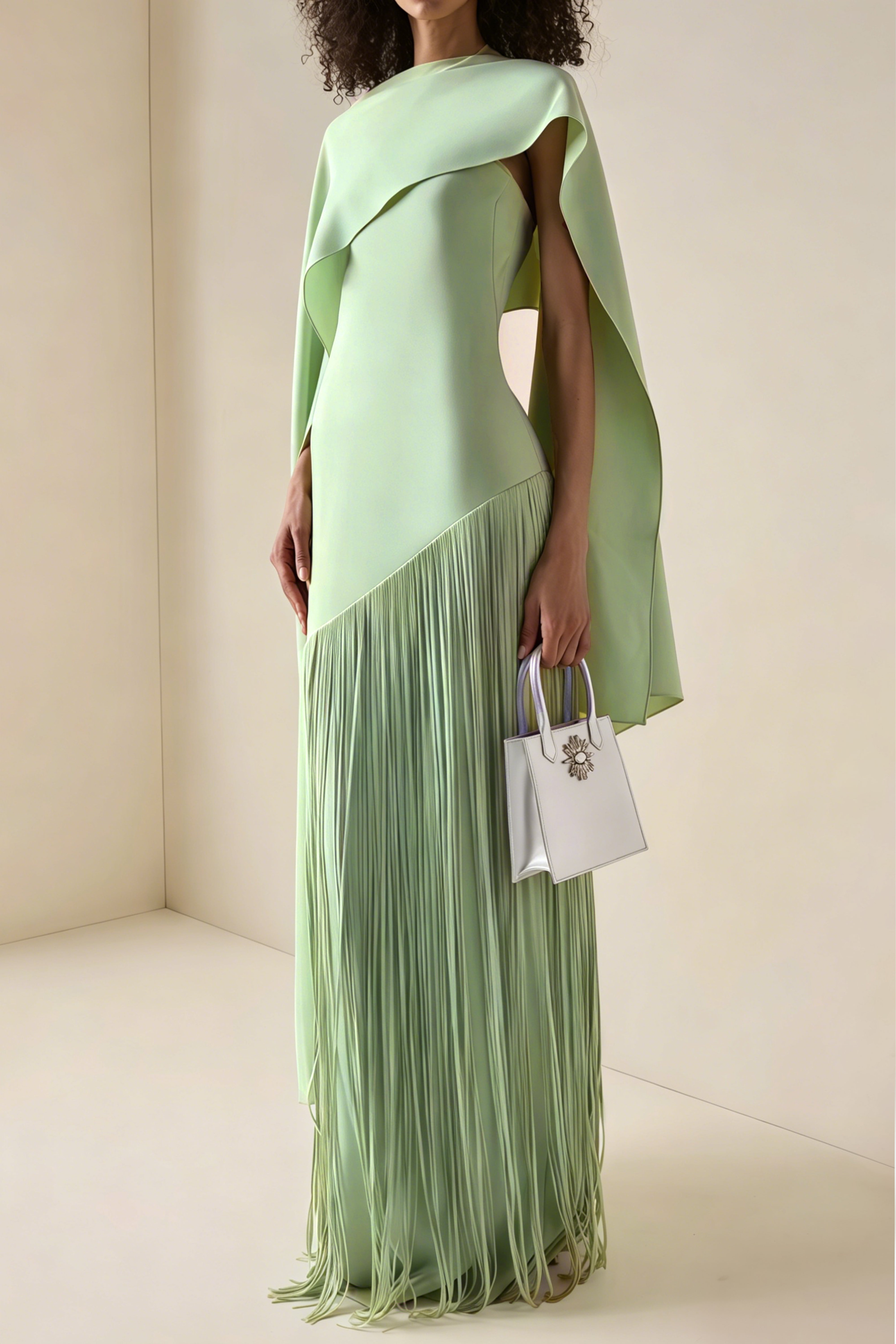 Mint Green Cape Maxi Dress with Long Fringe Skirt and Asymmetrical Hem