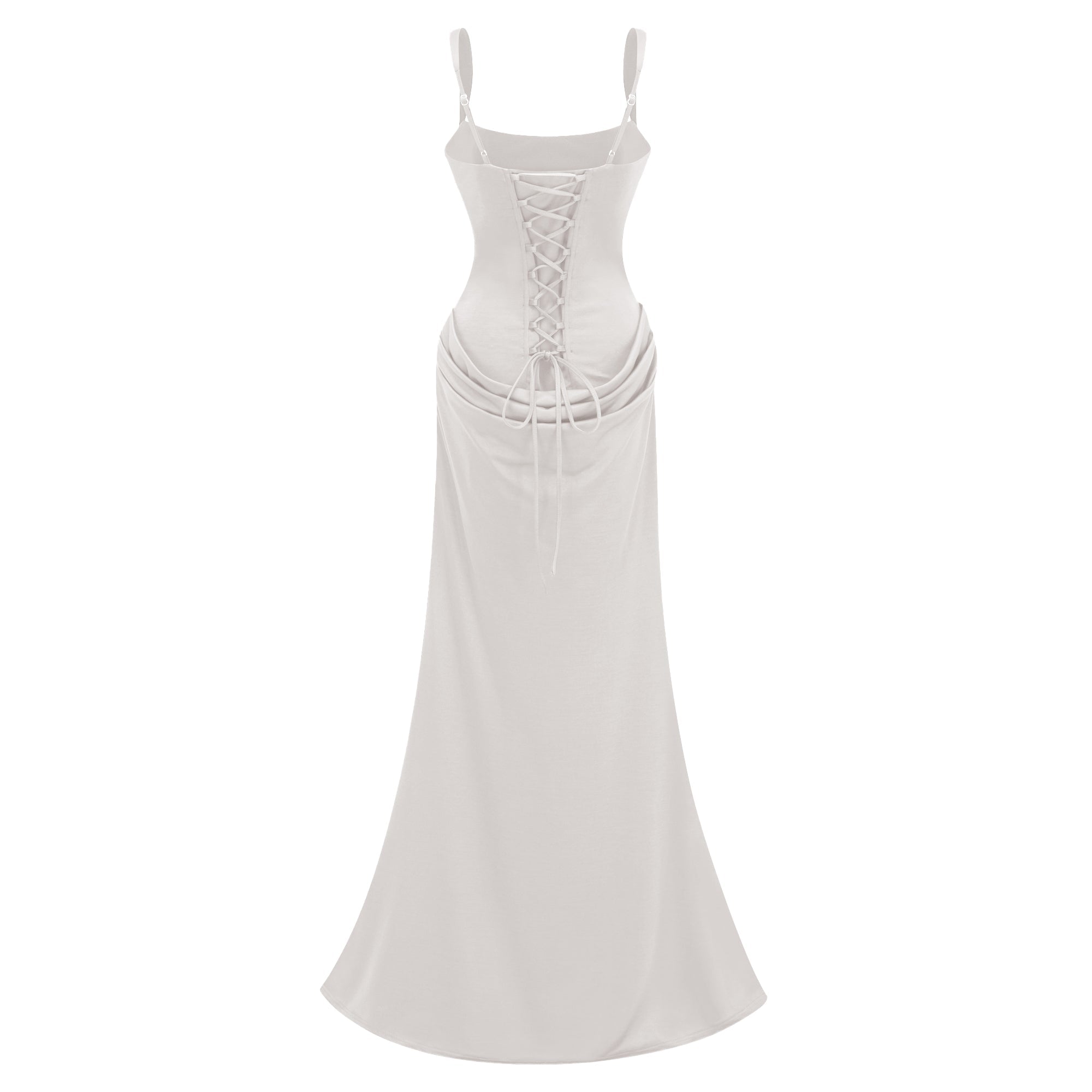 White sleeveless maxi dress with a corset-style bodice and draped hip detailing