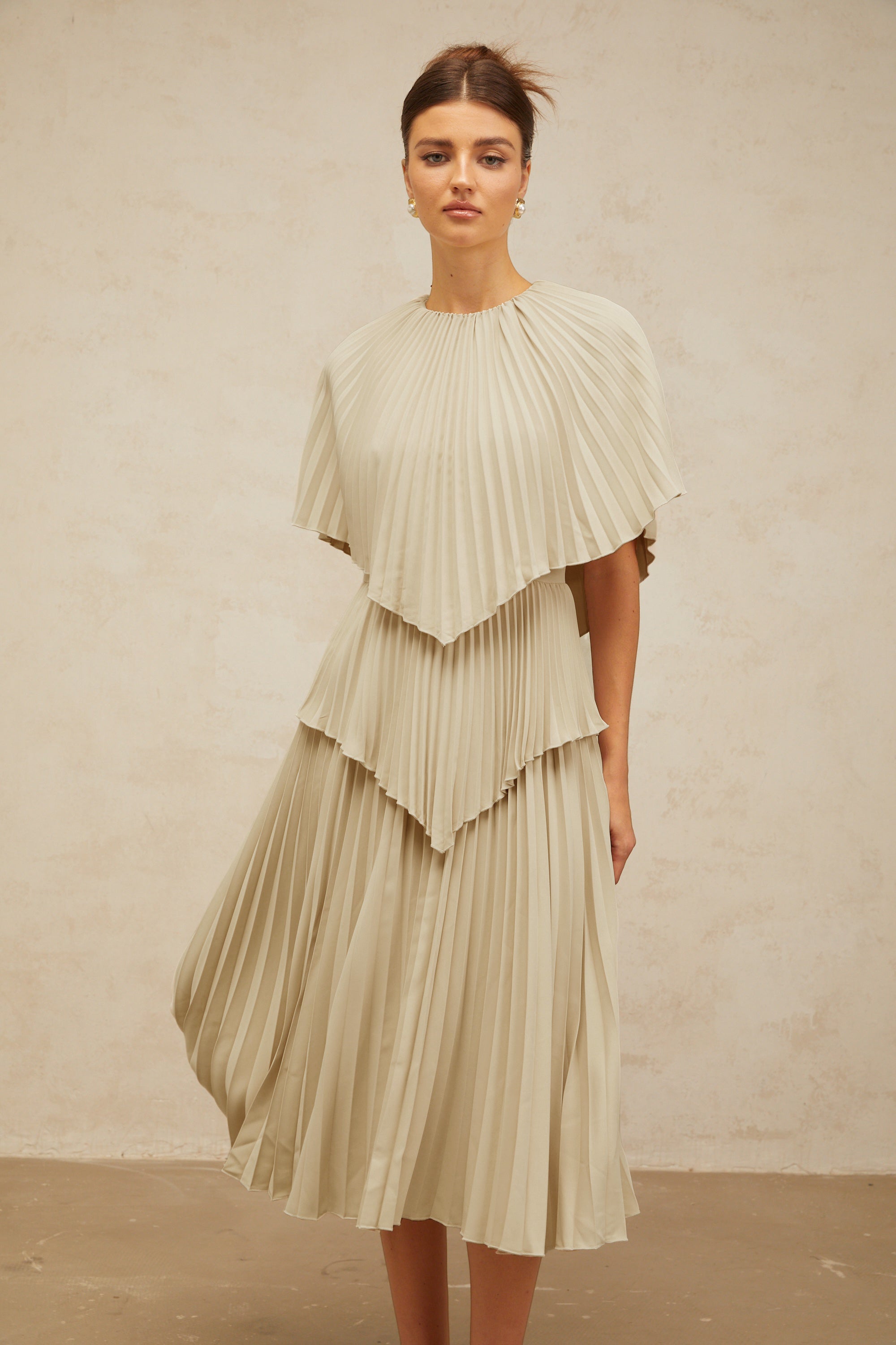 Héloïse neutrals cape pleated midi dress (Final Sale-US Only)