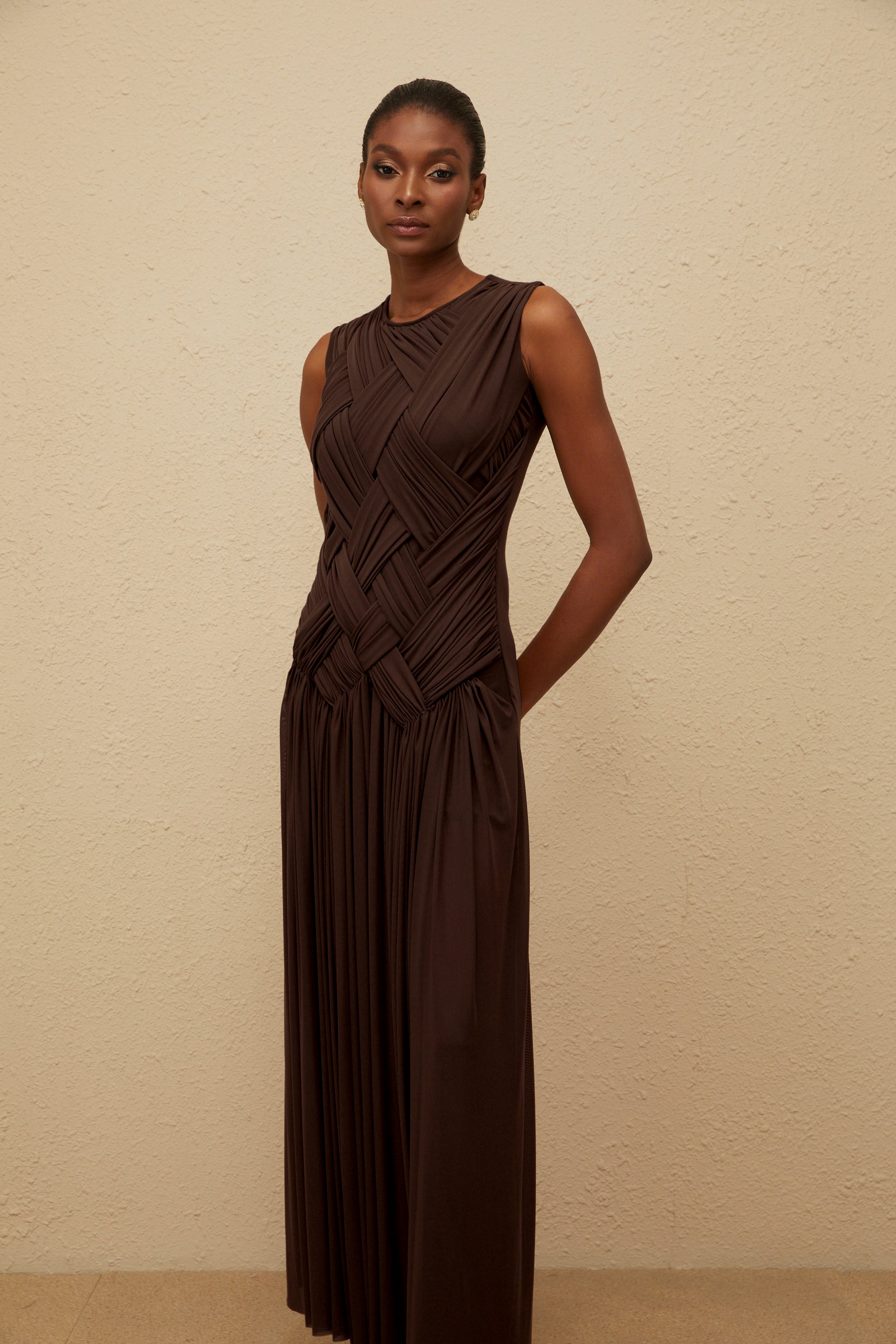 Daphné Brown Asymmetrical Braided Tulle Midi Dress (Final Sale-US Only)