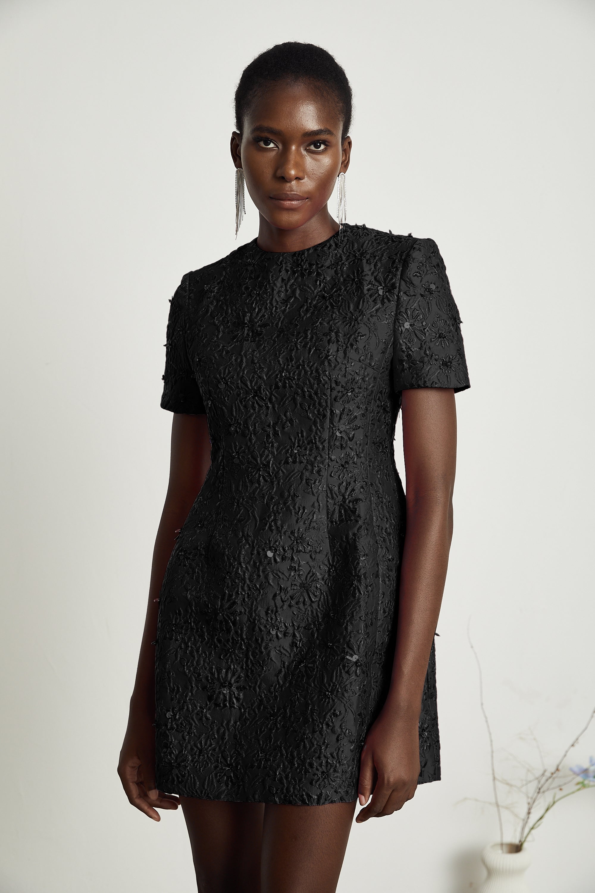 Celestia Floral-Appliqué Embellished Mini Dress in Black (Final Sale)