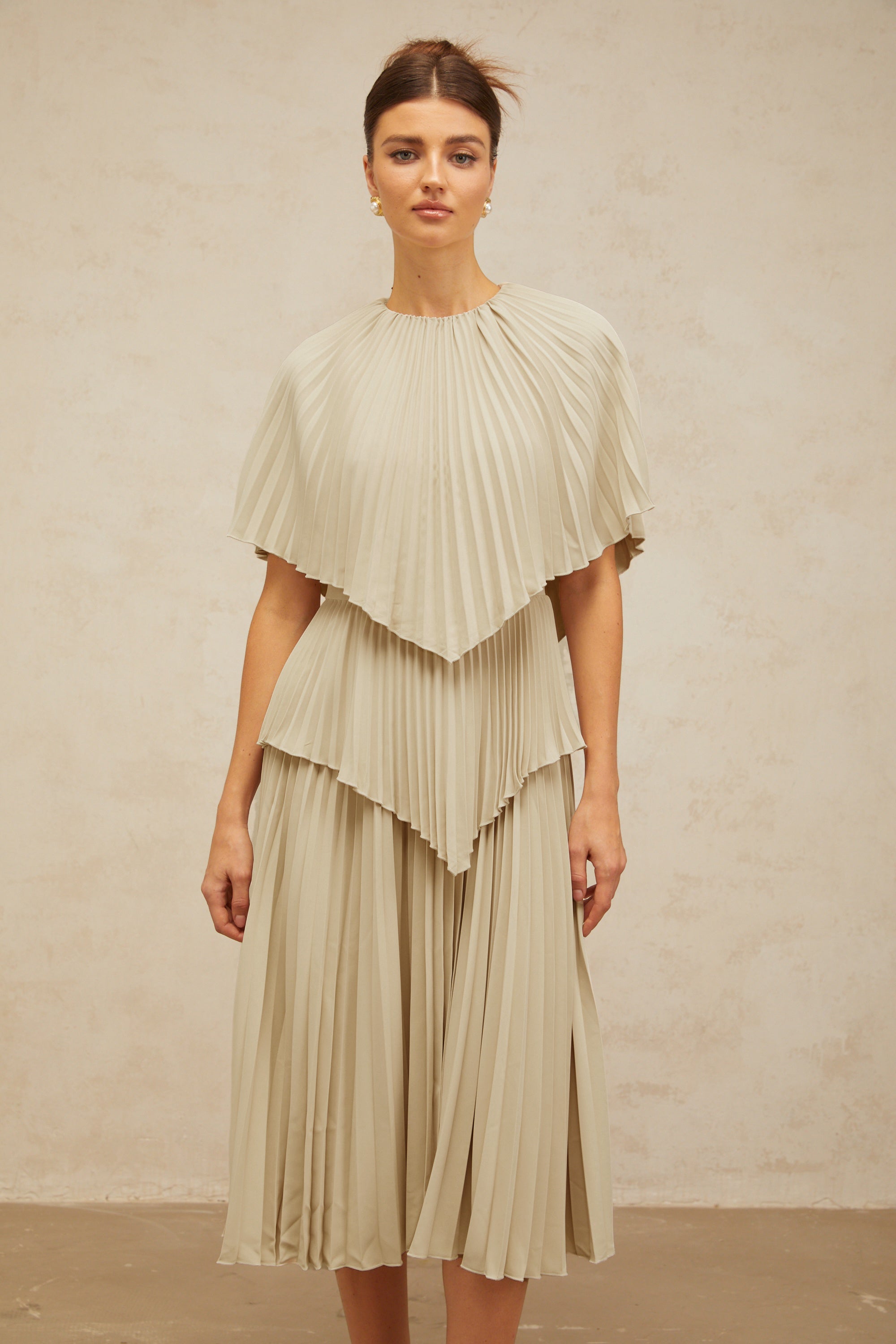 Héloïse neutrals cape pleated midi dress (Final Sale-US Only)