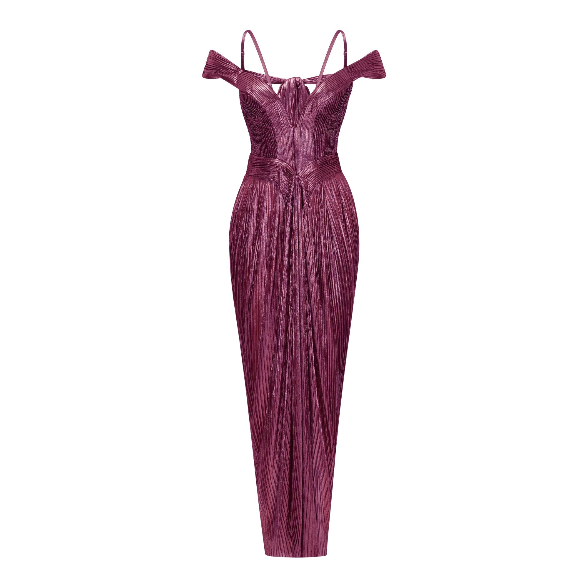 Burgundy metallic plissé maxi dress featuring a plunging V-neckline with off-the-shoulder straps and thin halter cords