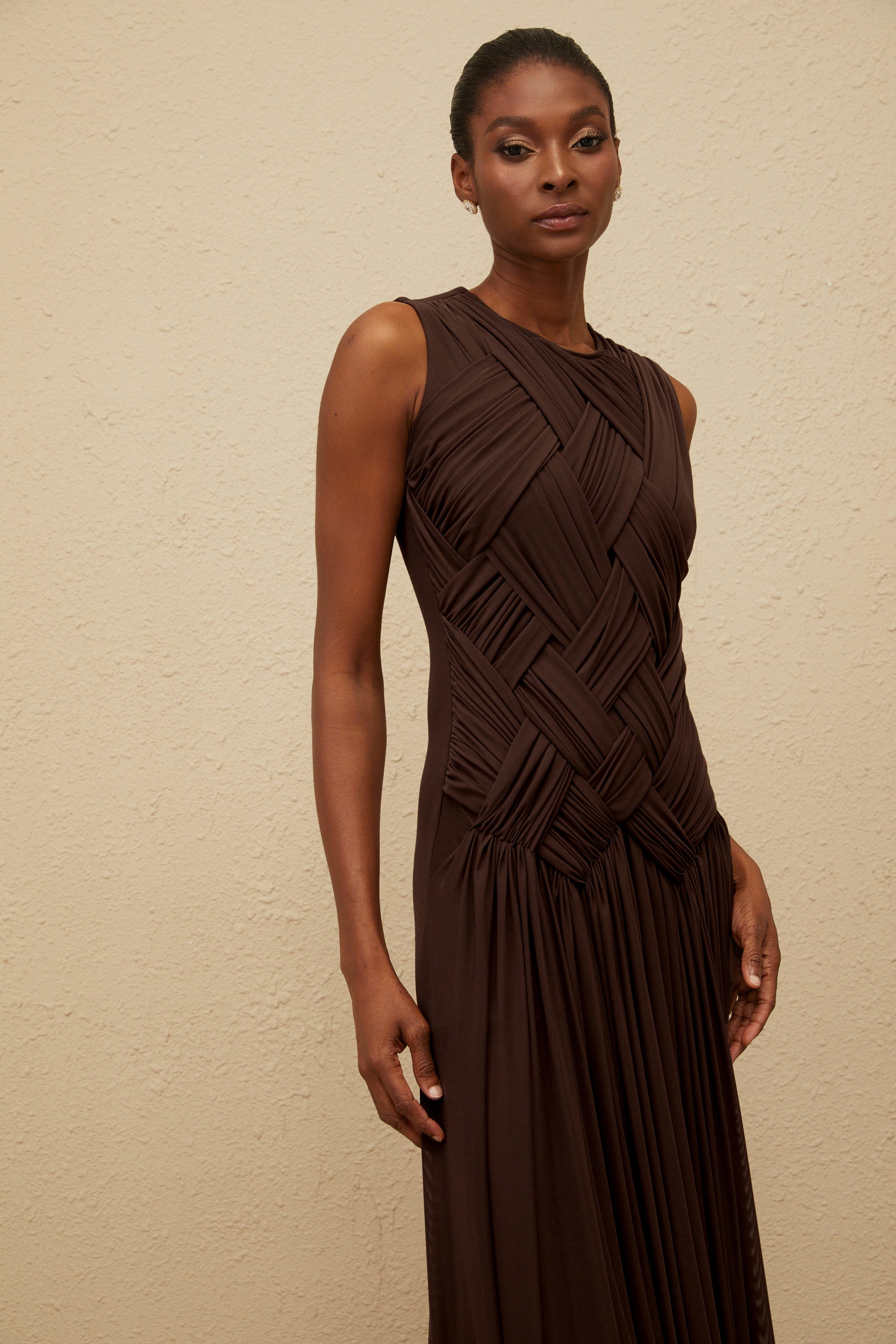 Daphné Brown Asymmetrical Braided Tulle Midi Dress (Final Sale-US Only)