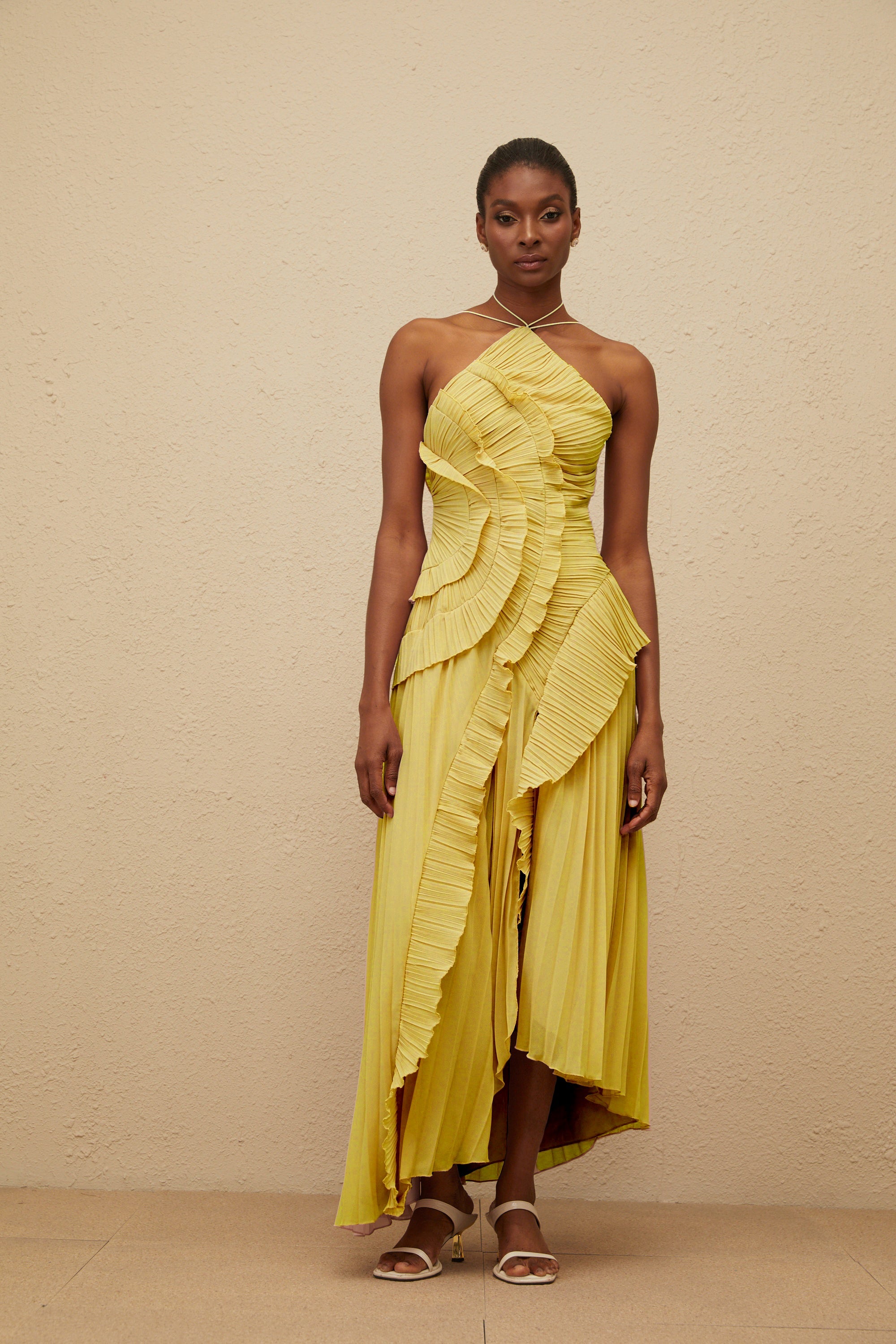 Doux Yellow Ruffled Trim Pleated Midi Dress (Final Sale)