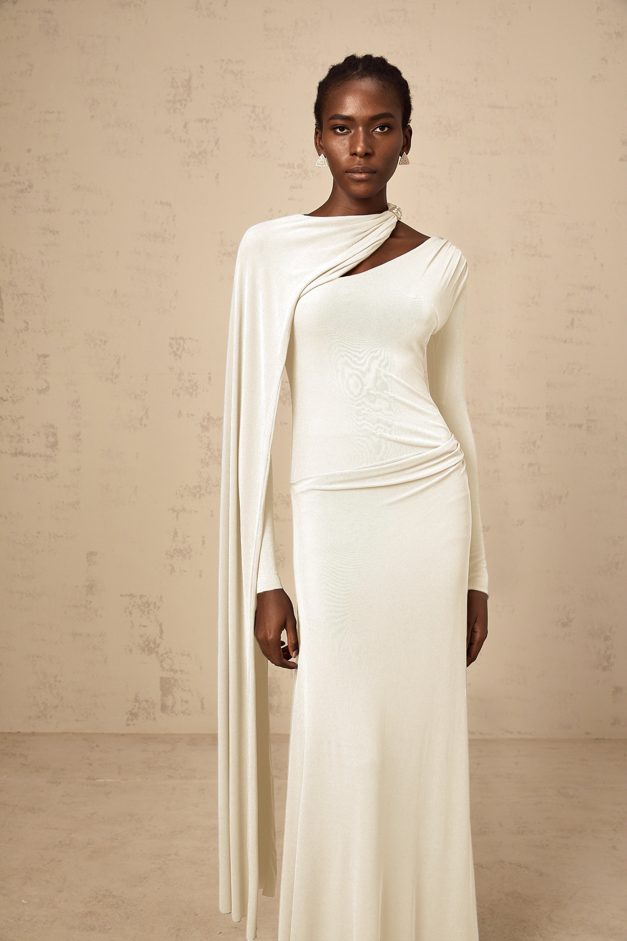 Josette White Diagonal Shawl Fitted Maxi Dress (Final Sale-US Only)