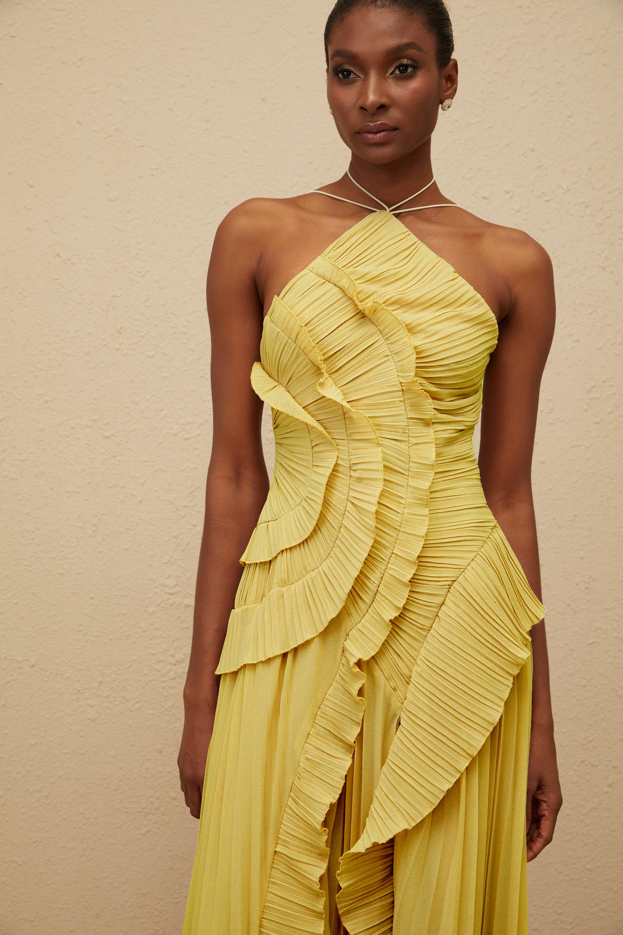 Doux Yellow Ruffled Trim Pleated Midi Dress (Final Sale)