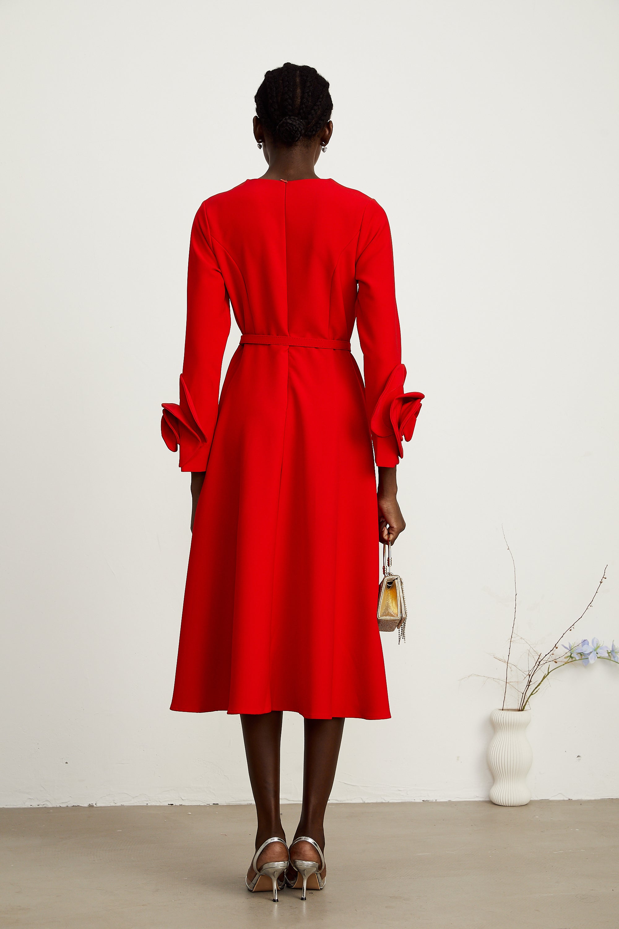 Aurelia red long-sleeve dress with floral embellishments (Final Sale)