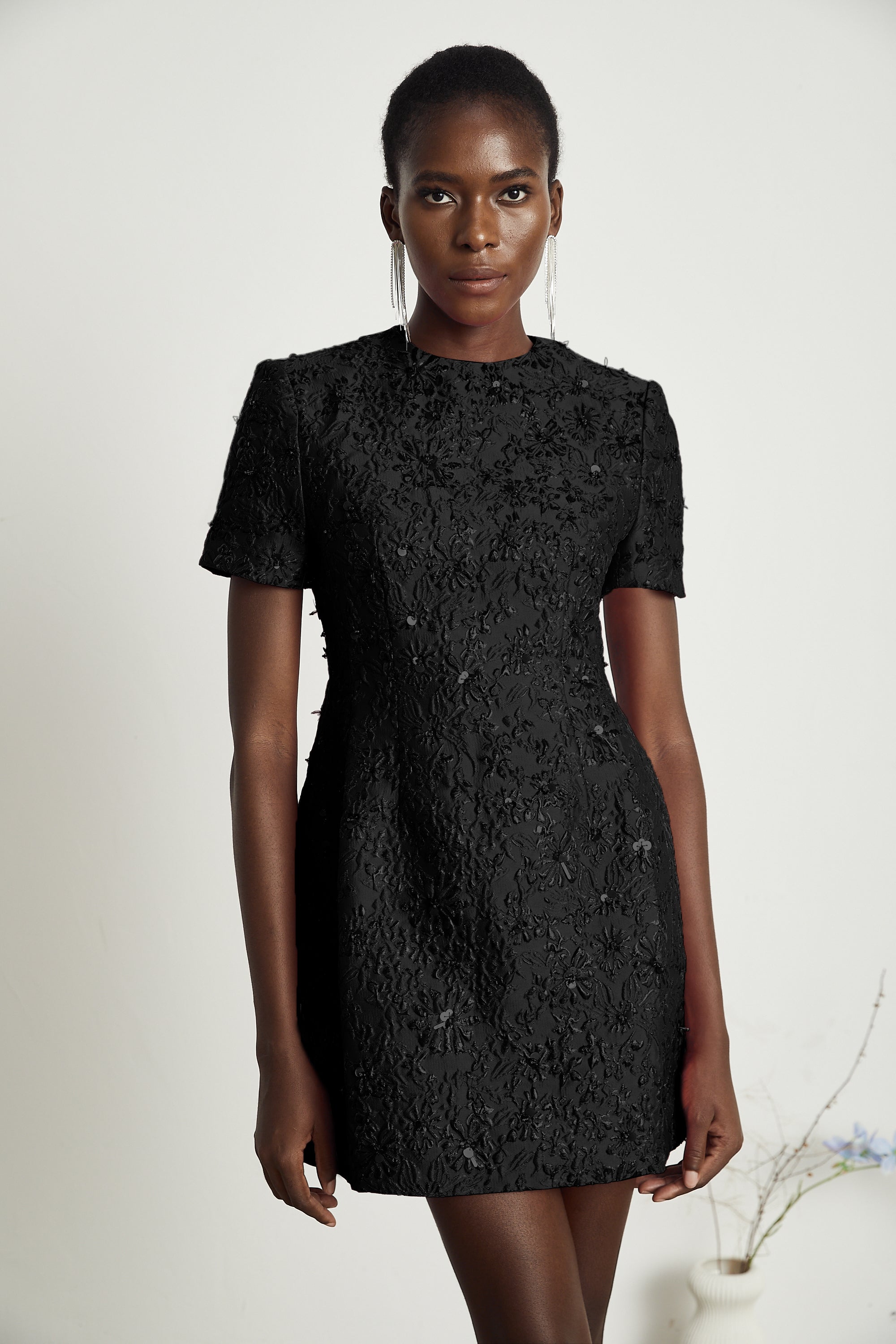 Celestia Floral-Appliqué Embellished Mini Dress in Black (Final Sale-US Only)