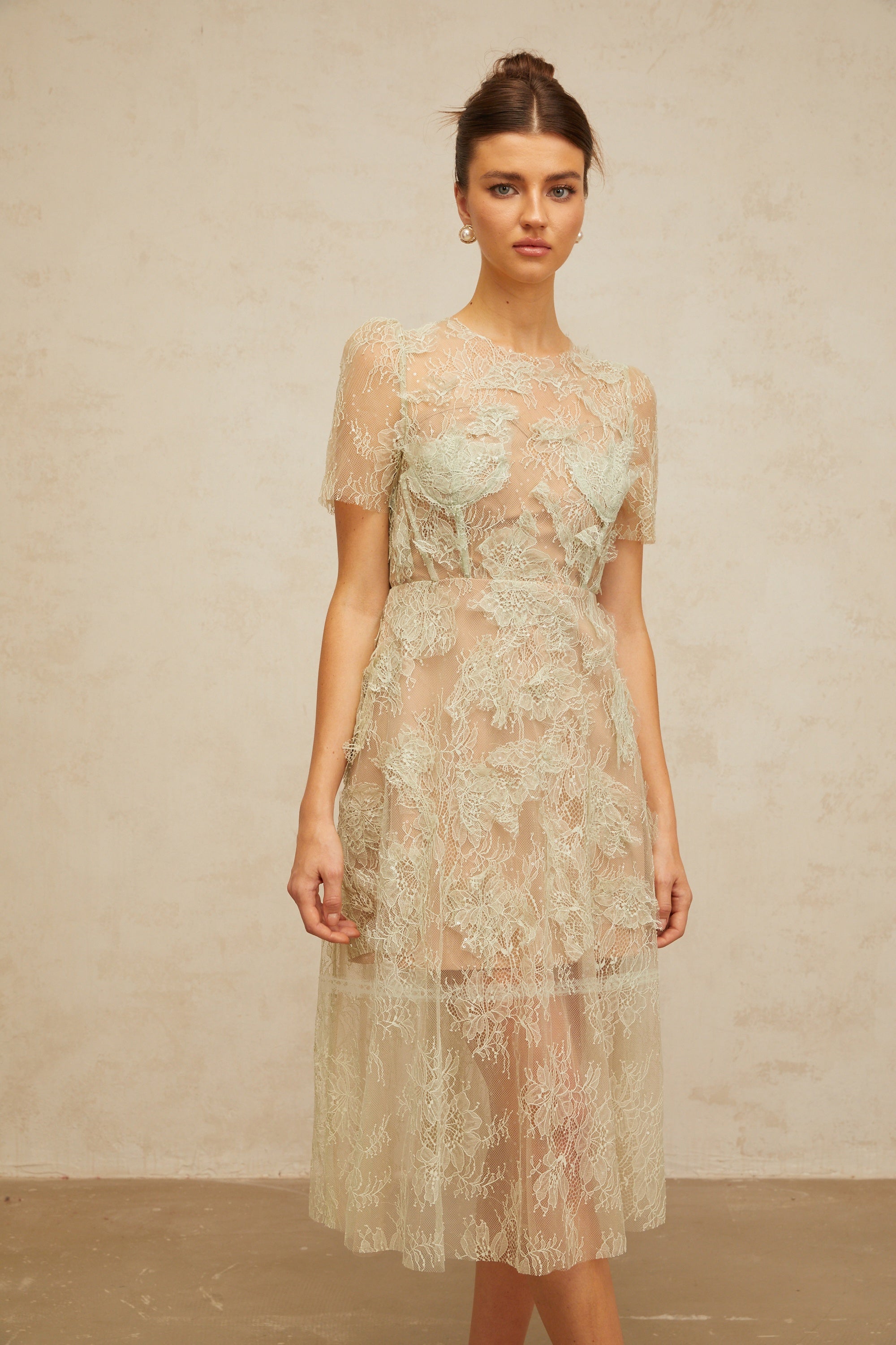 Xaviera mint-green floral-lace midi dress (Final Sale-US Only)