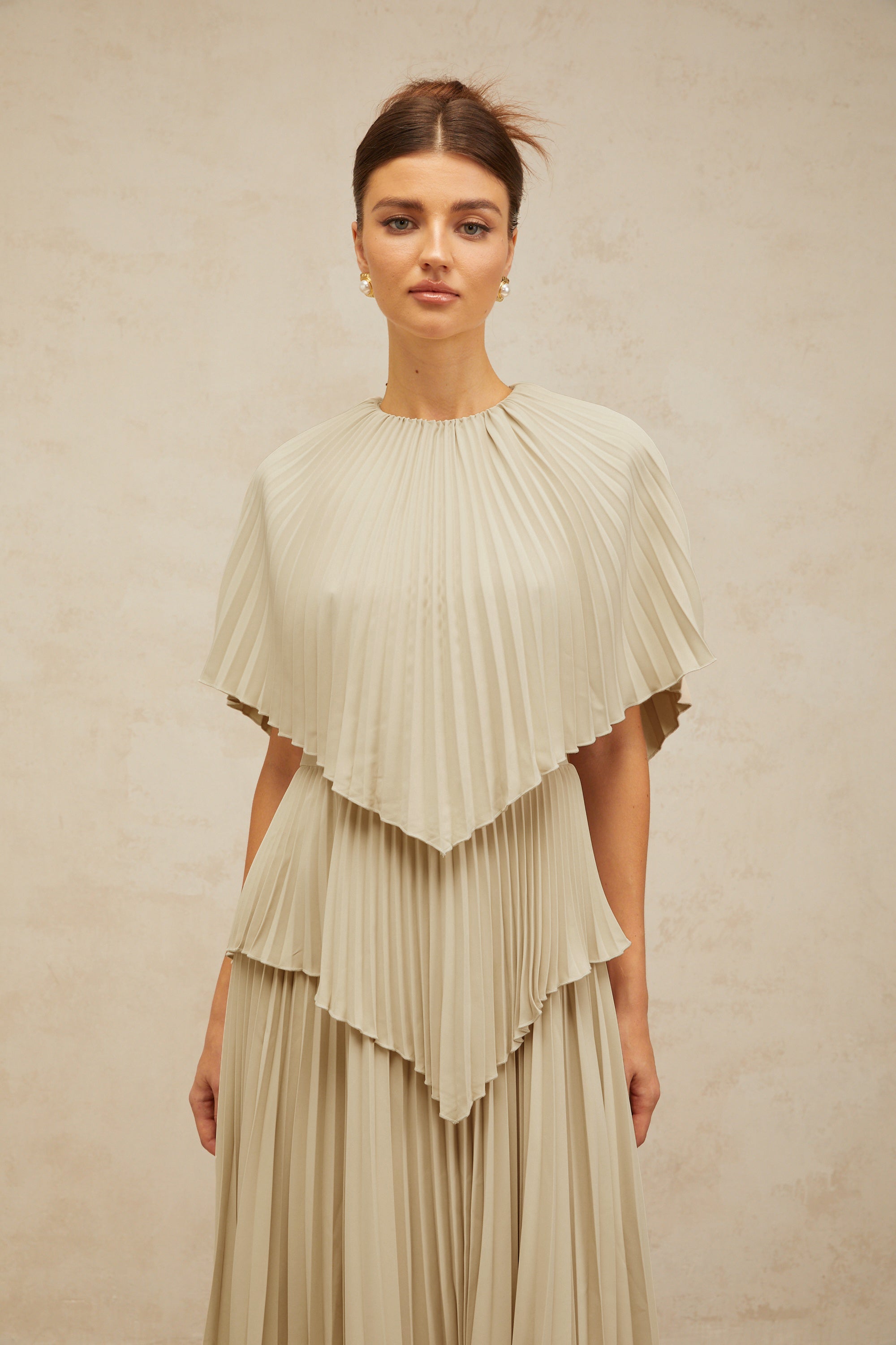 Héloïse neutrals cape pleated midi dress (Final Sale-US Only)