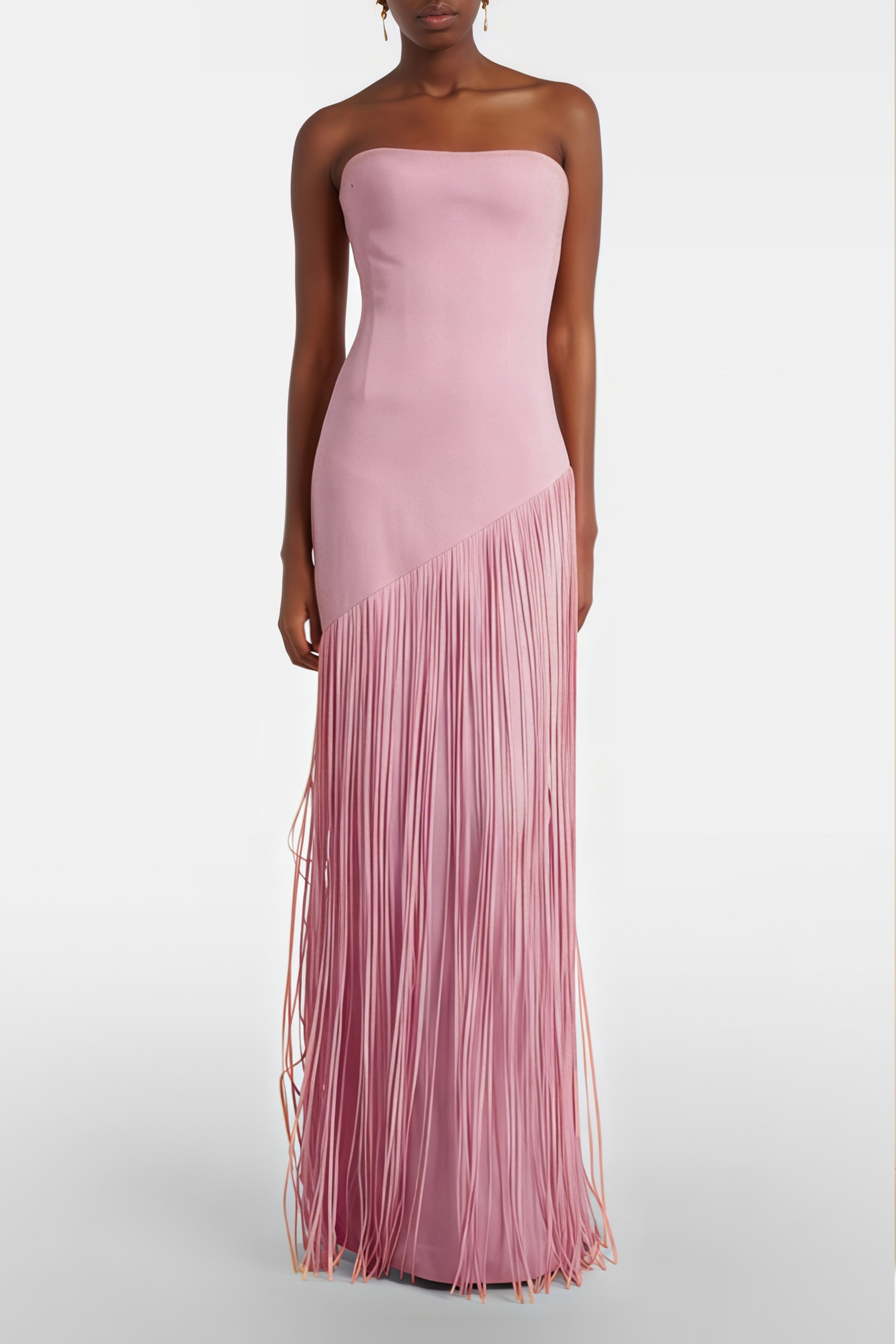 Mauve pink cape-style gown with a long fringed skirt