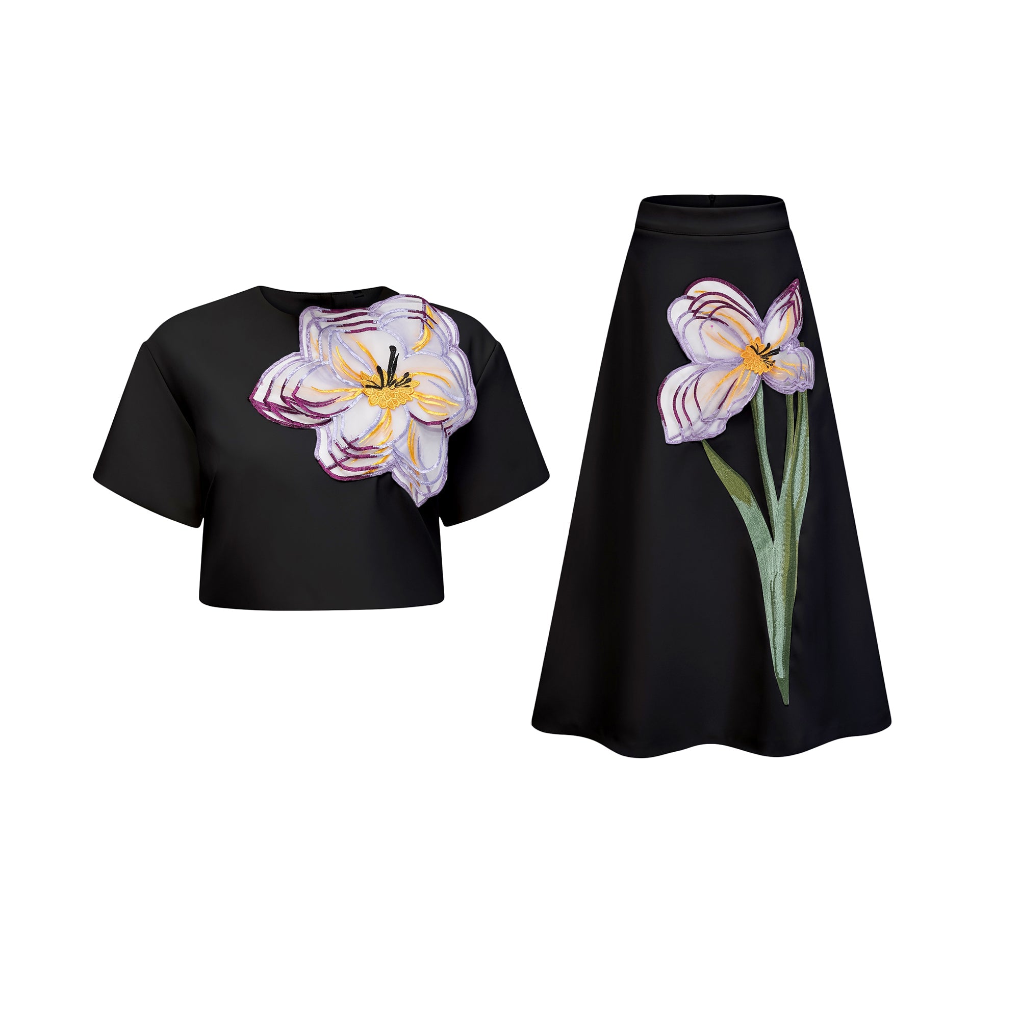 Black short-sleeve crop top and maxi skirt set with large floral embroidery