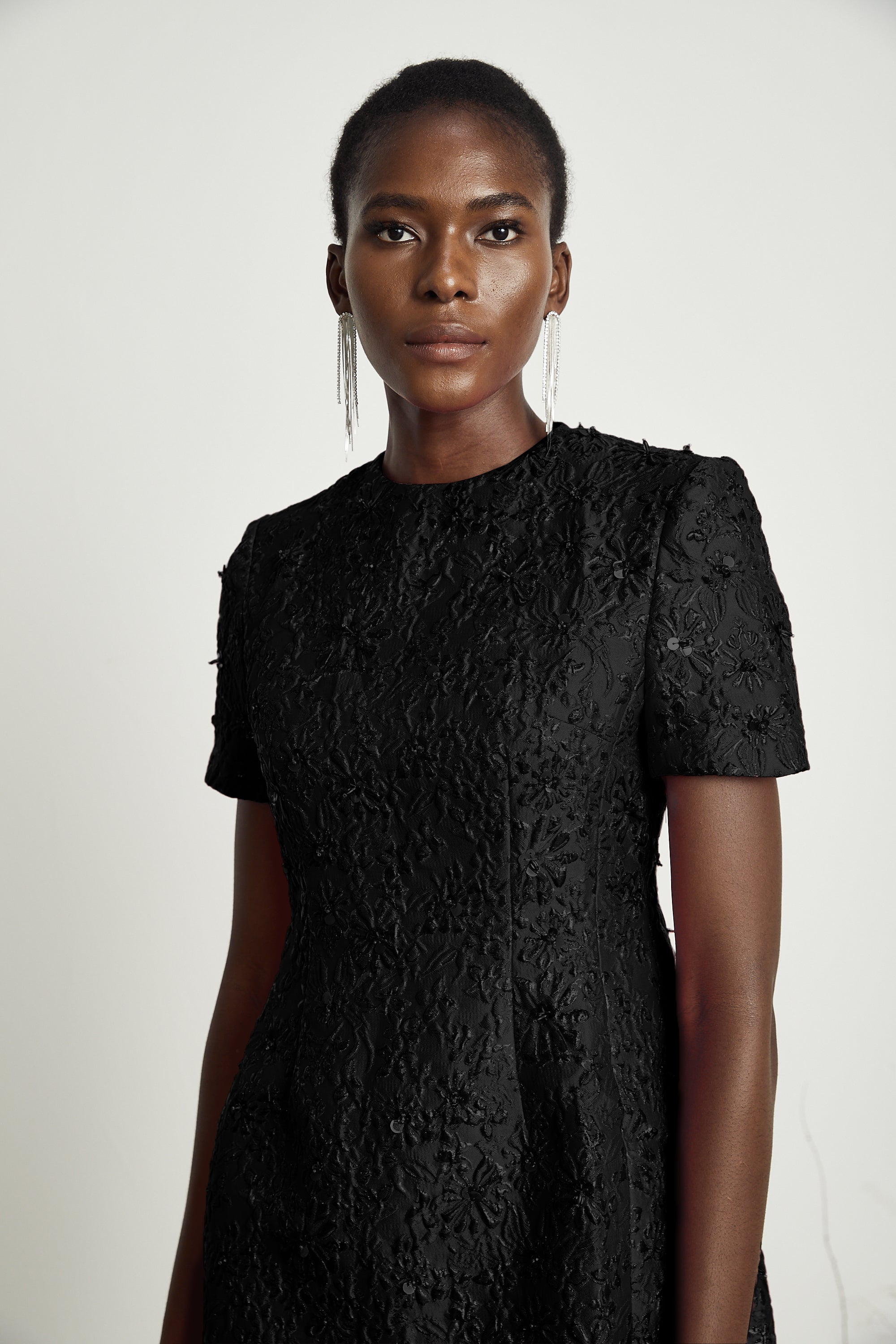 Celestia Floral-Appliqué Embellished Mini Dress in Black (Final Sale-US Only)