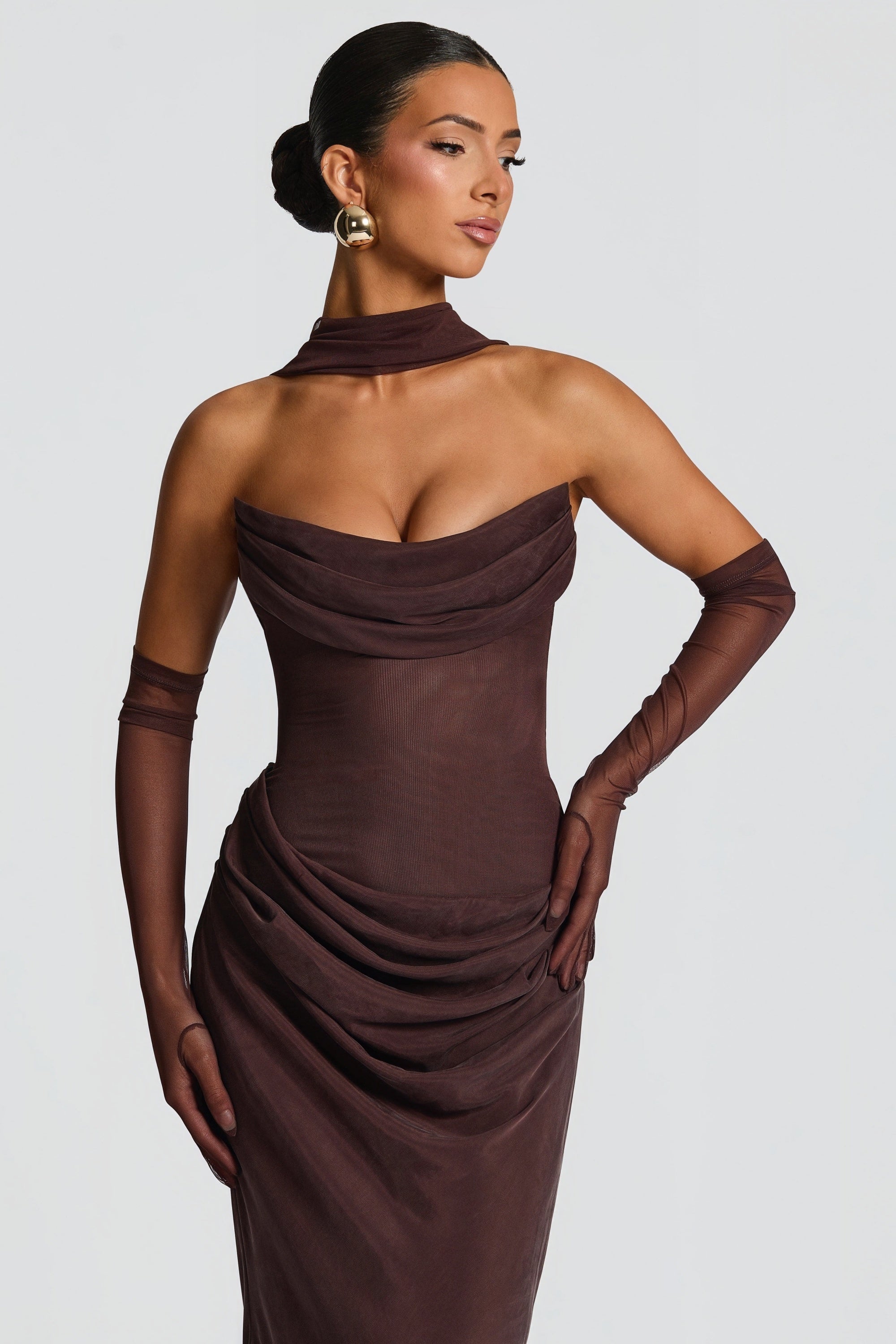 Brown Ruched Corset Maxi Dress