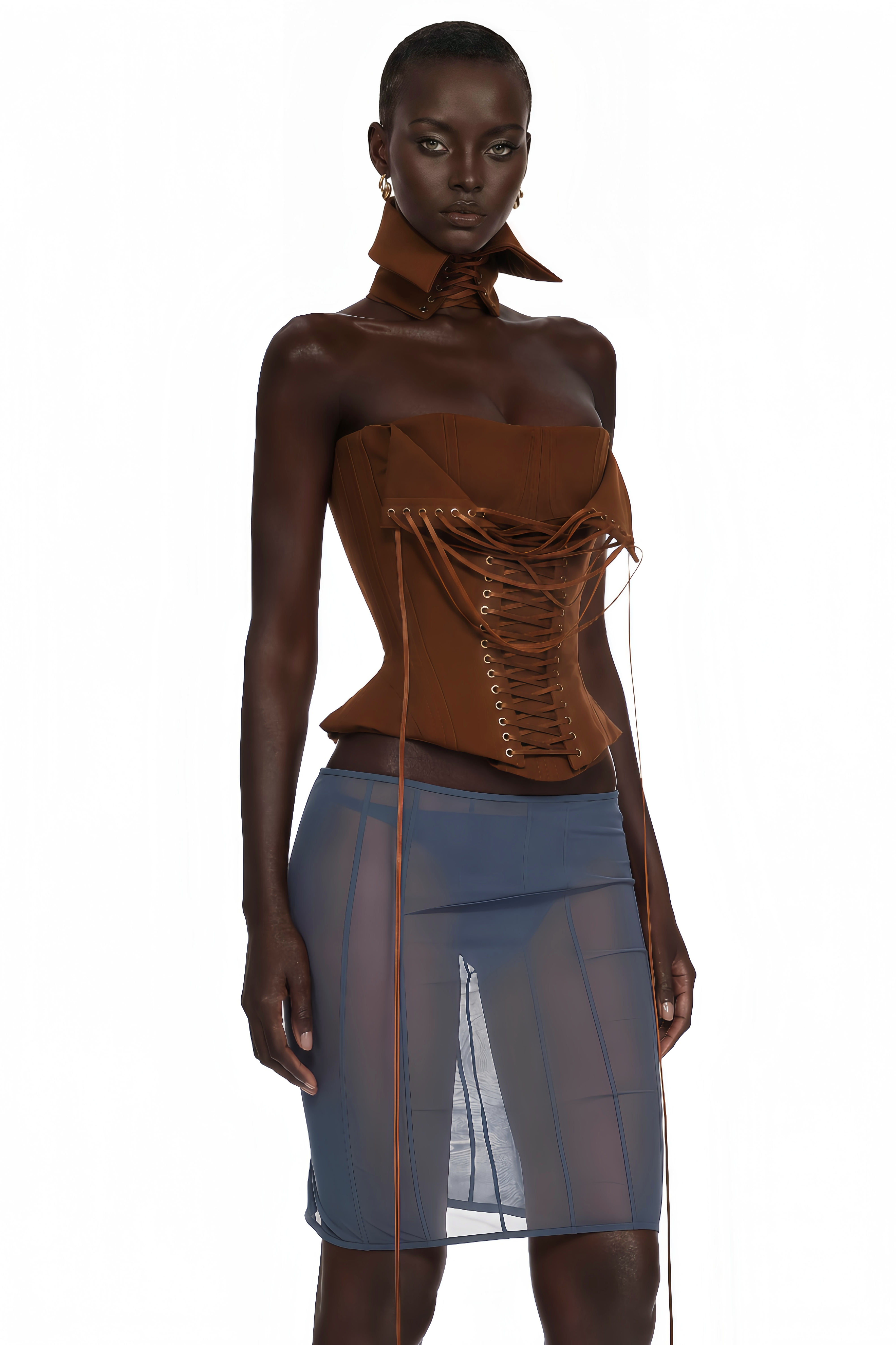 Indre Brown Lace Up Corset Crop Top