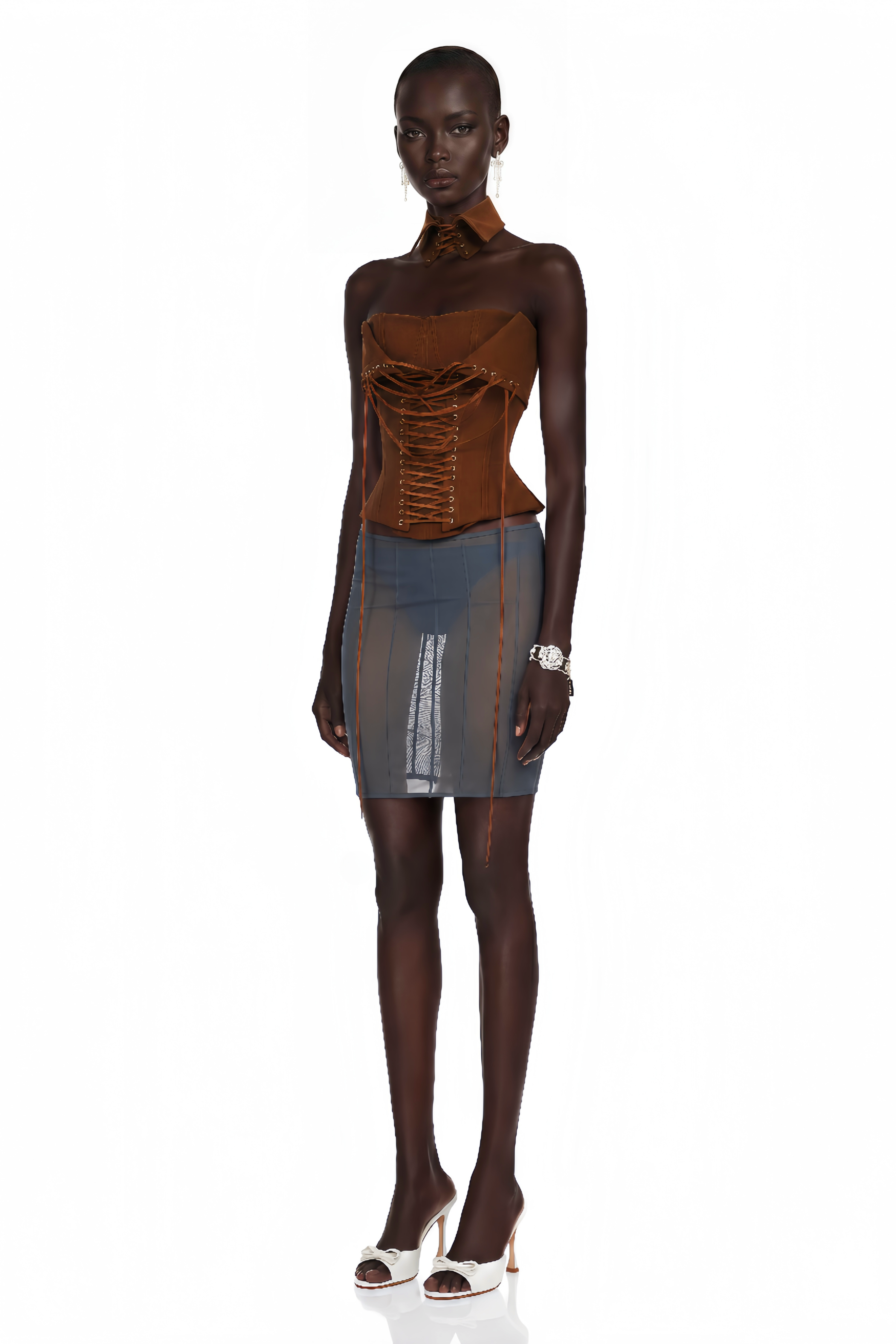 Indre Brown Lace Up Corset Crop Top